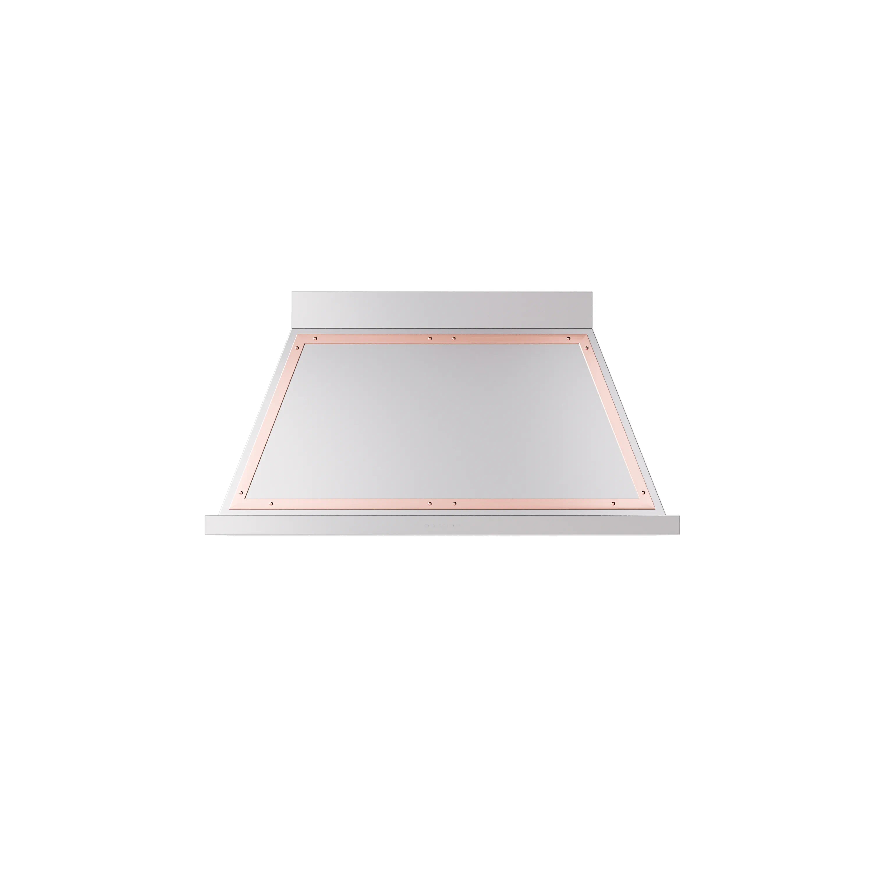 Wall mounted range hood underside view with copper-trimmed opening and stainless panel