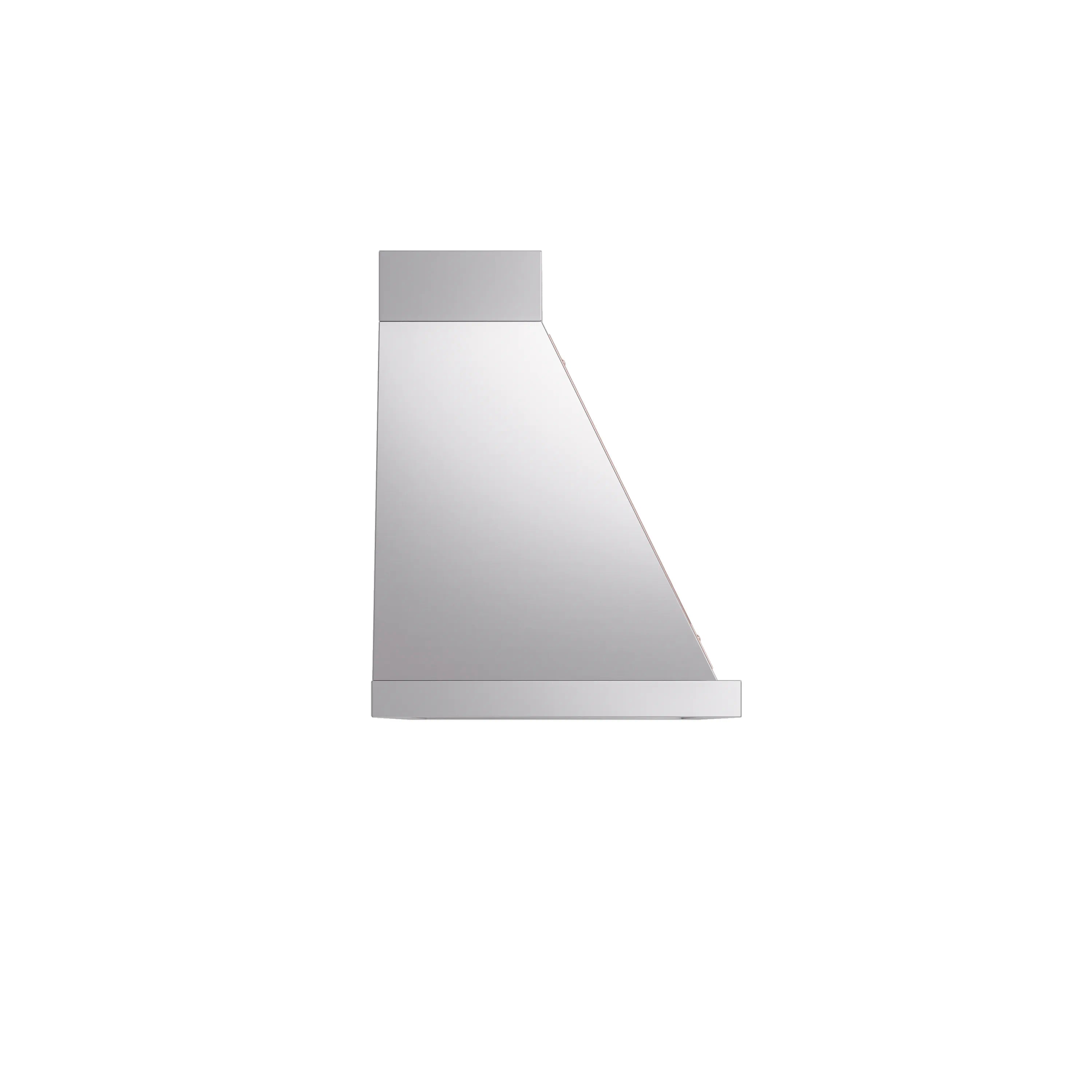 Stainless steel wall range hood with angled chimney section and top vent panel