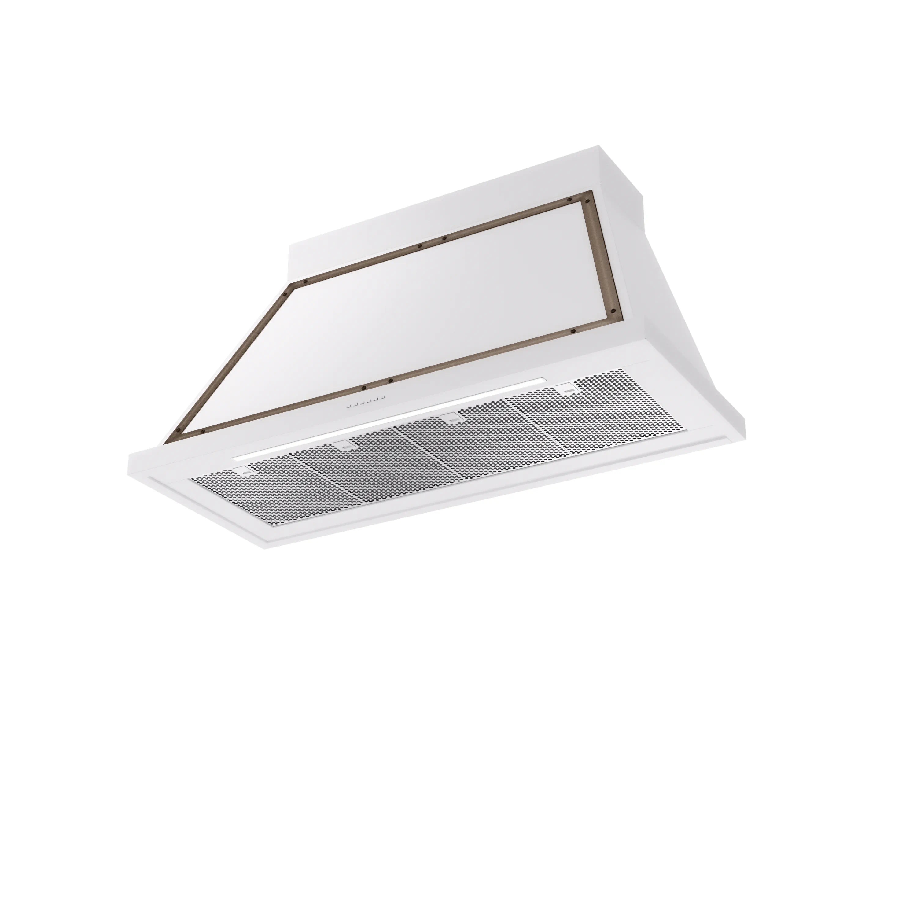 White wall-mounted range hood with bronze-trimmed frame and vented filters