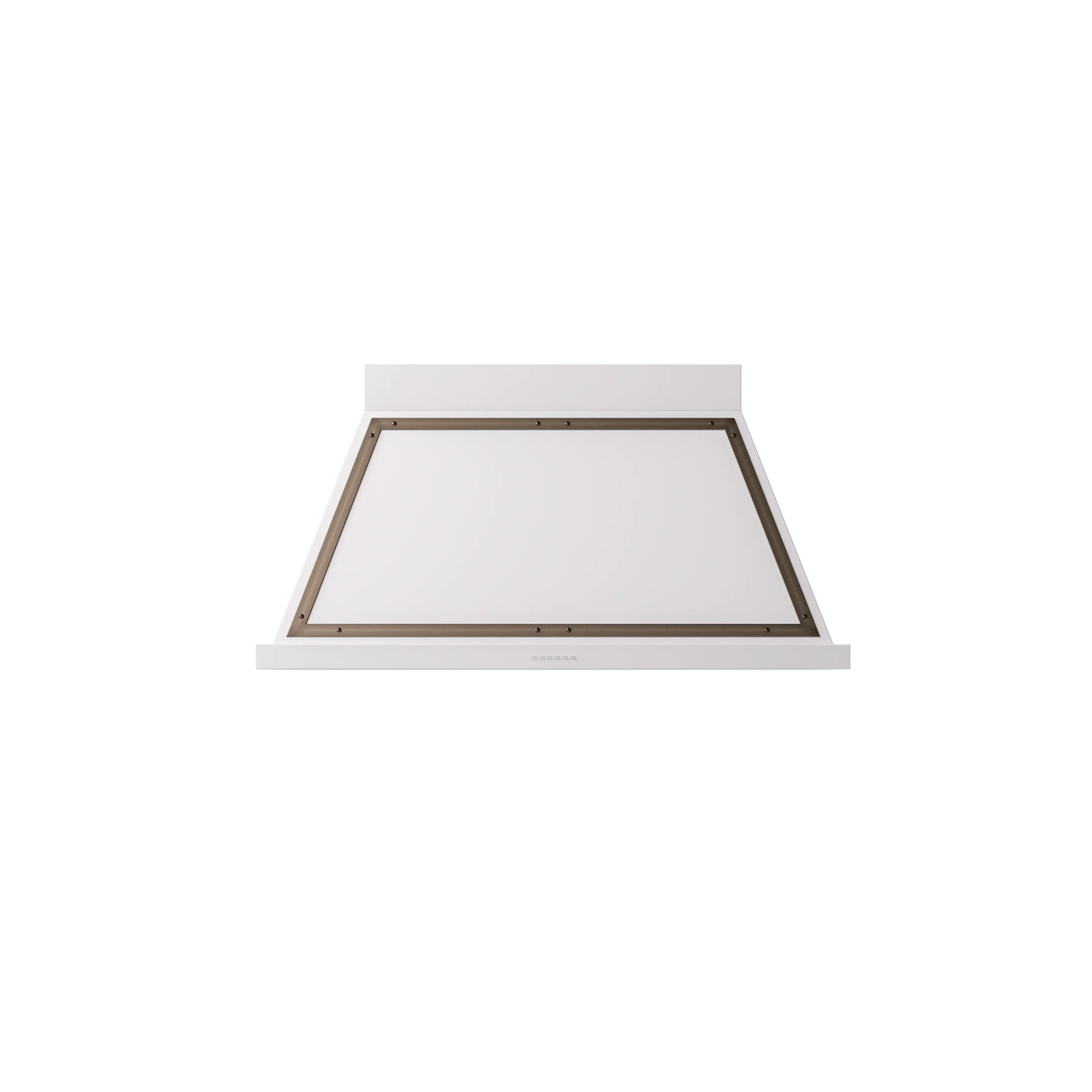 White wall-mounted range hood with bronze frame over open vent panel