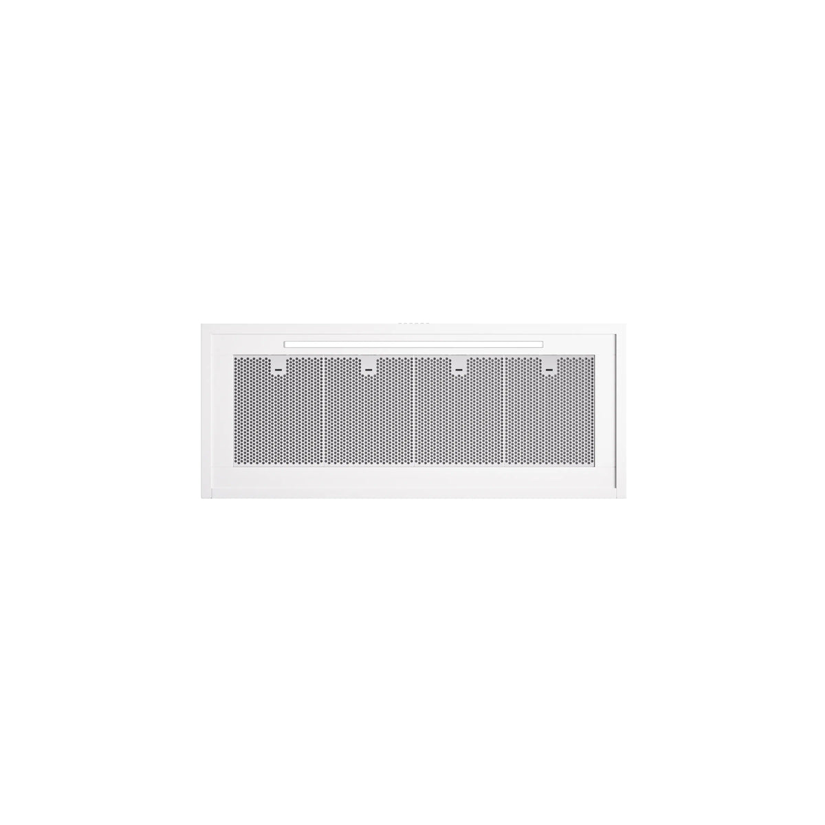 White range hood with rectangular metal mesh grease filter panel