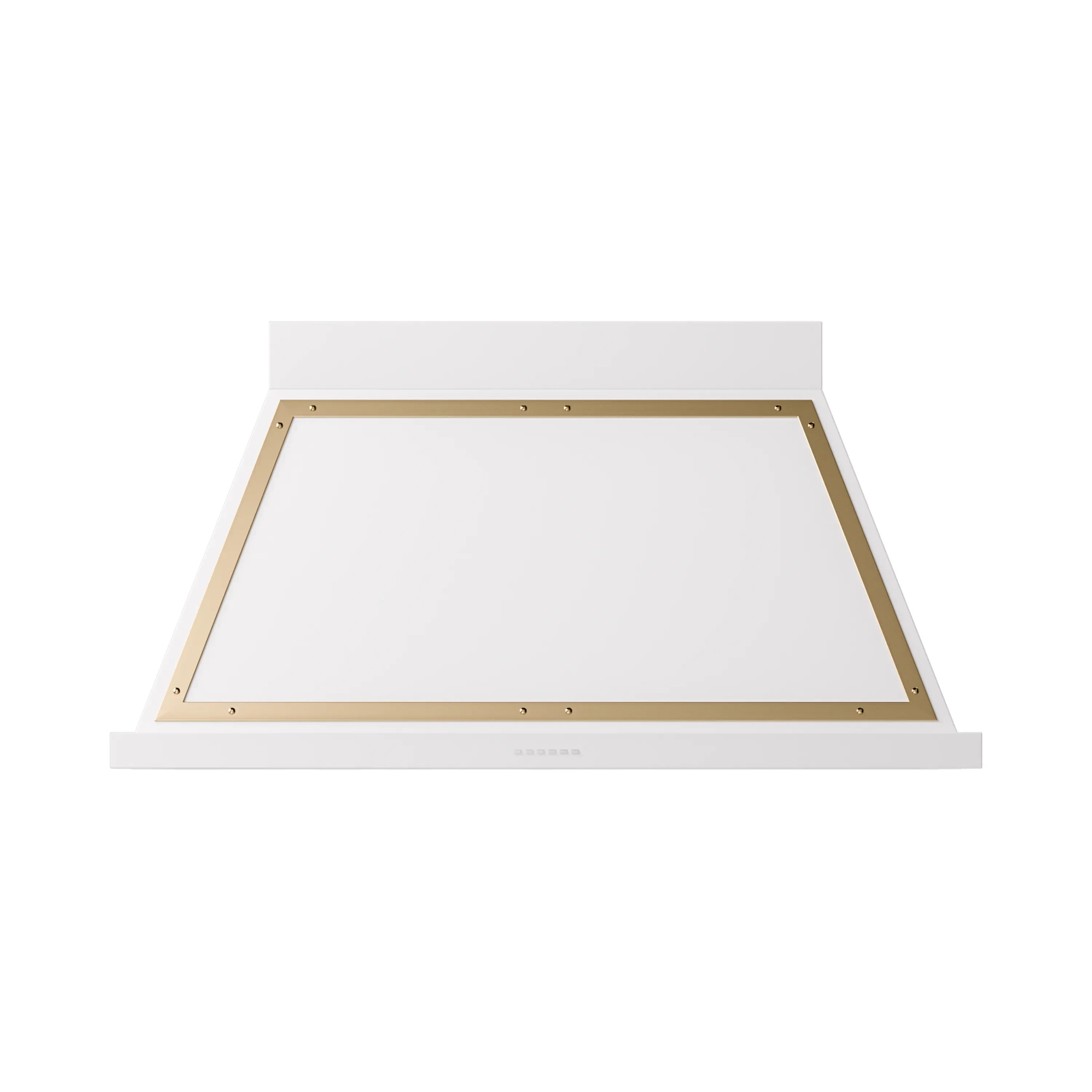 White wall-mounted range hood with brass-trimmed top panel and chimney body.