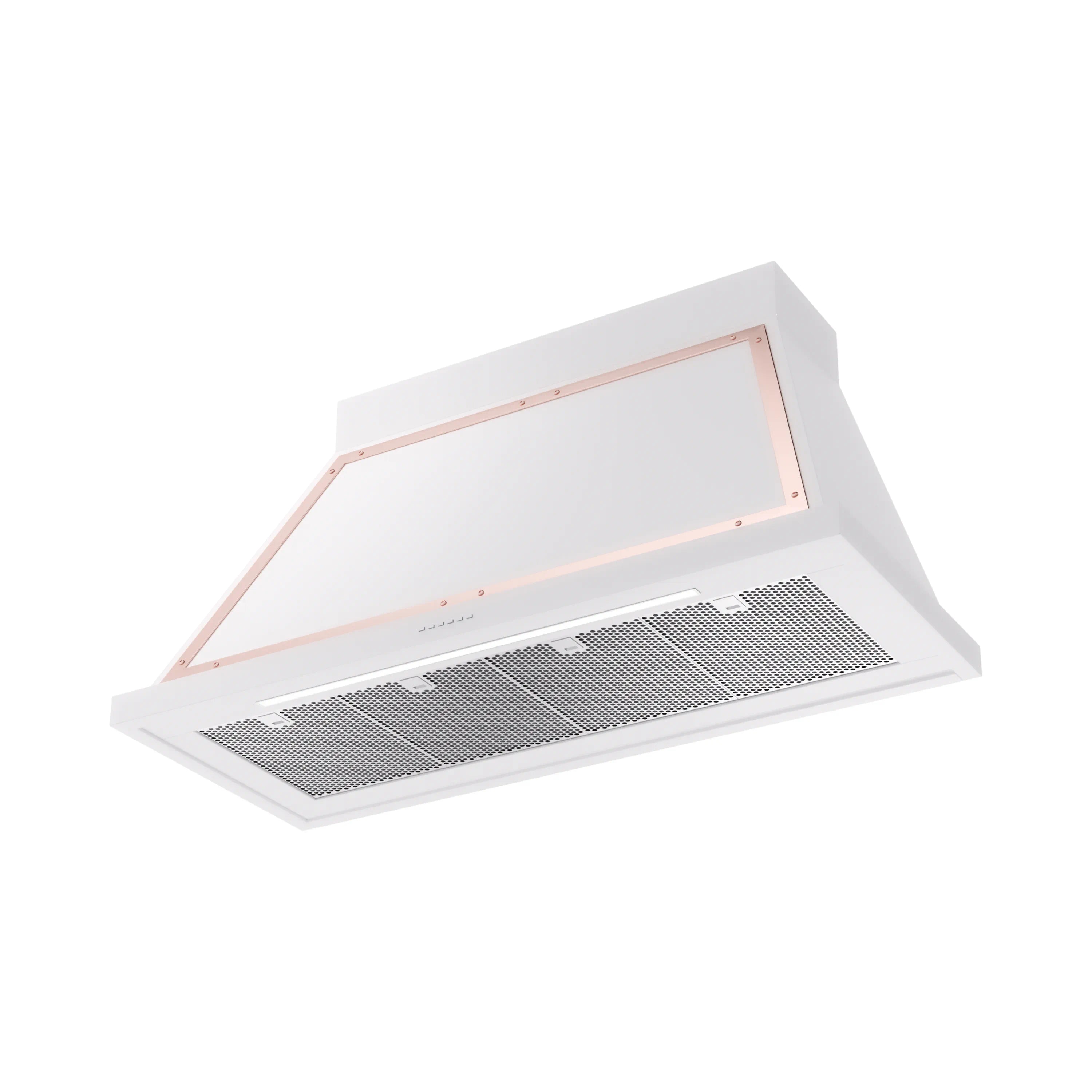 Wall-mounted range hood, white body with copper trim and vented filter panel