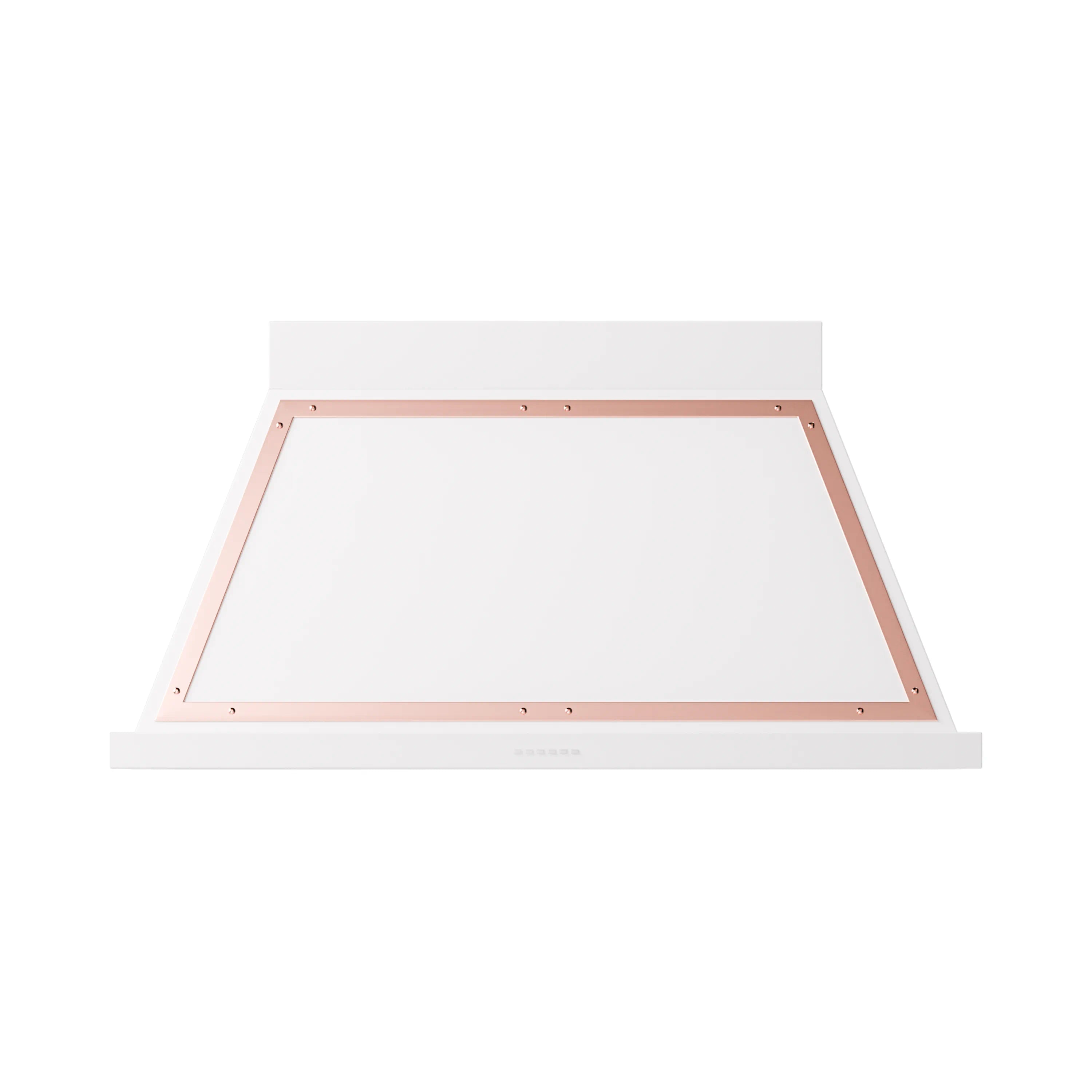 Wall-mounted range hood, white underside with copper frame opening