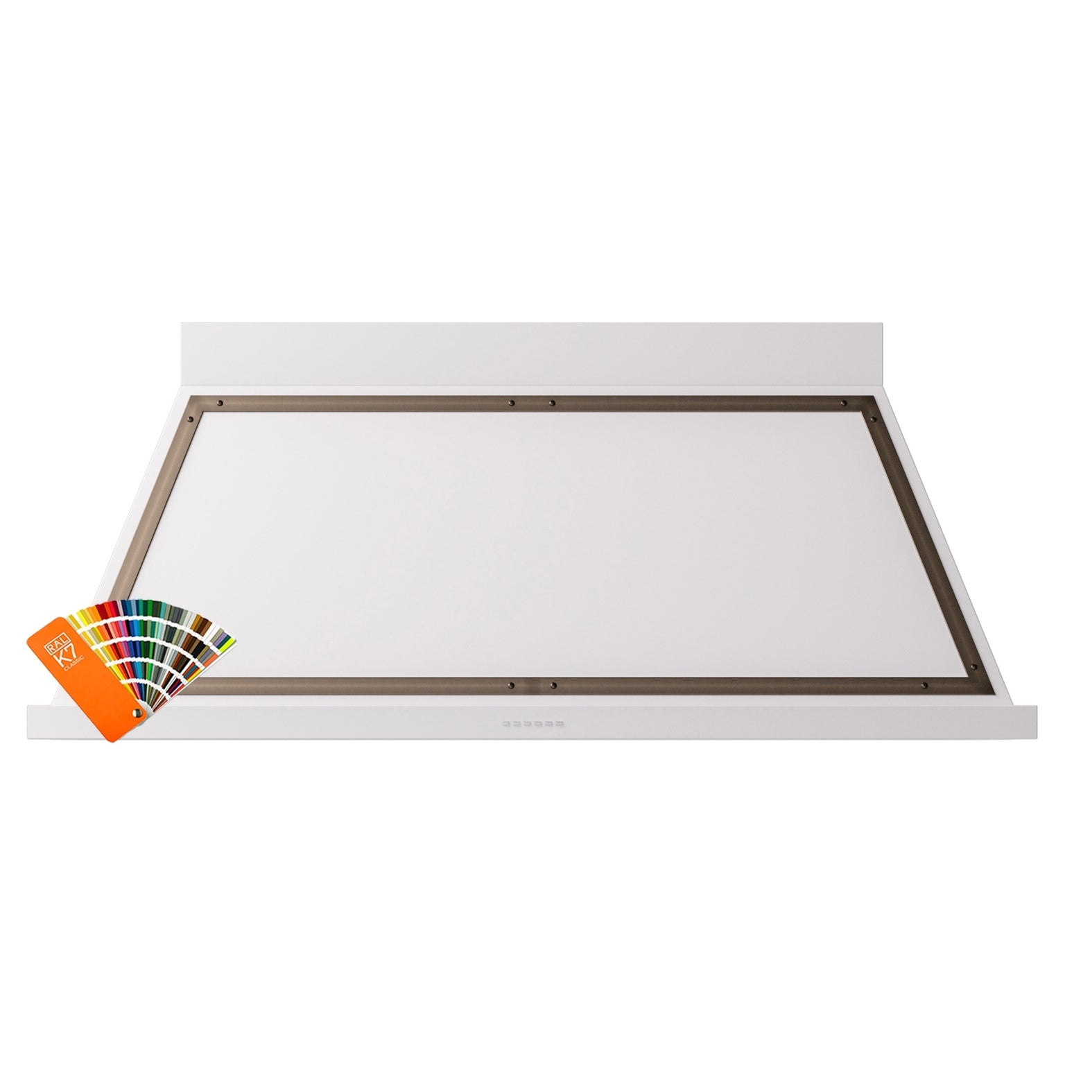 Wall-mounted range hood with open canopy, white body and bronze underside frame