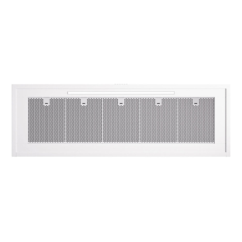 Wall-mounted range hood front vent panel with perforated metal grille in white frame