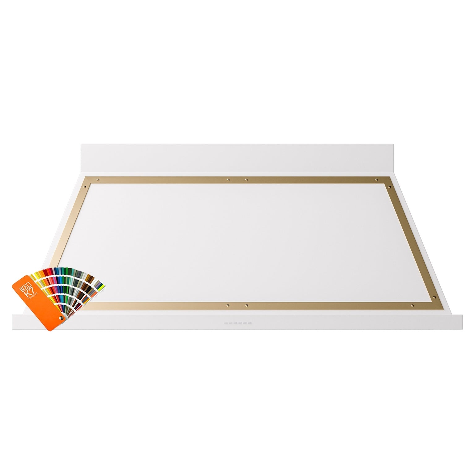 White wall-mounted range hood underside with brass trim and open filter panel