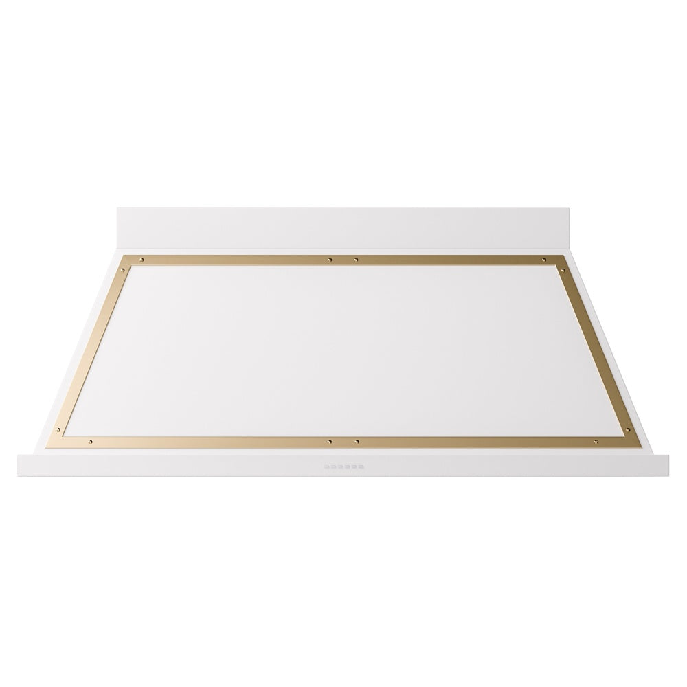 White wall-mounted range hood underside frame with brass trim and back opening