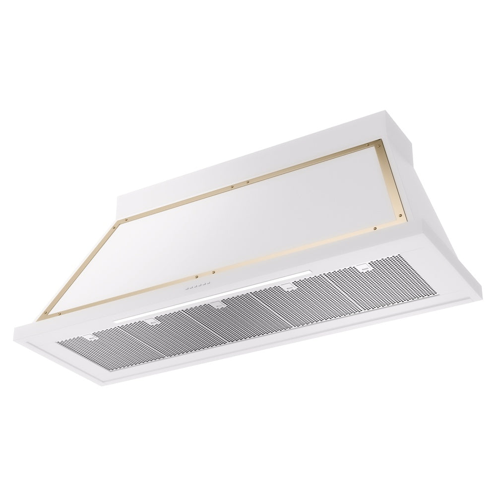 White wall-mounted range hood with brass trim and mesh grease filters
