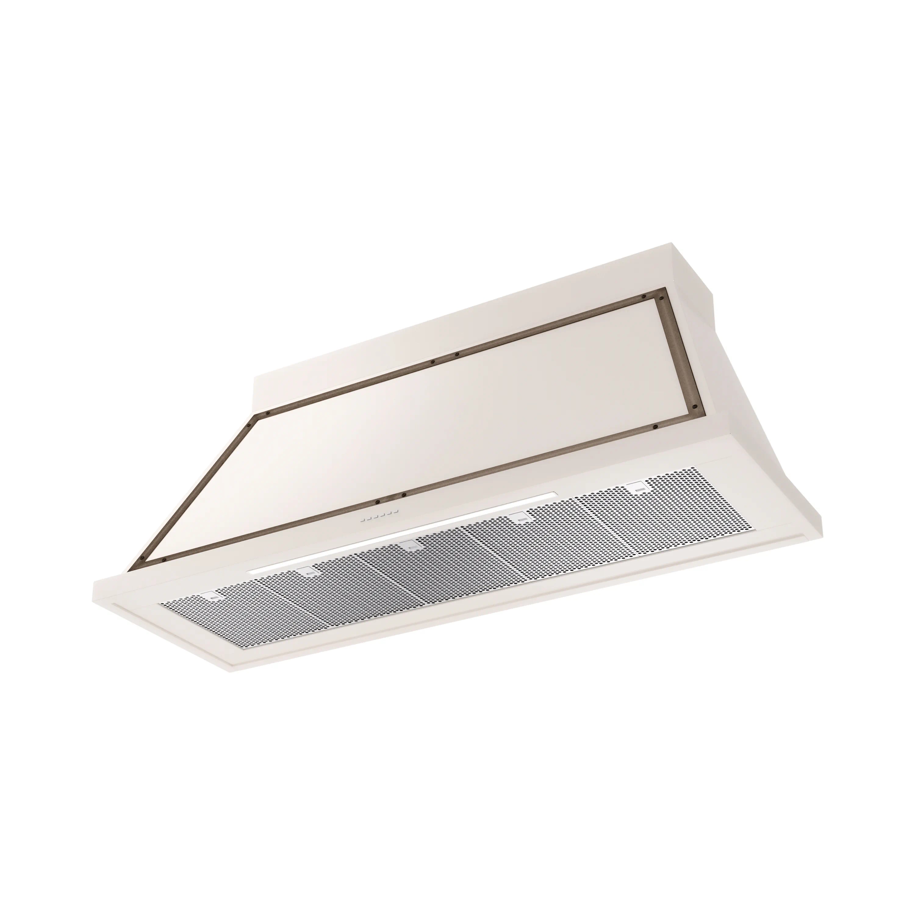 Antique white wall range hood with bronze trim and vented filter grille, underside
