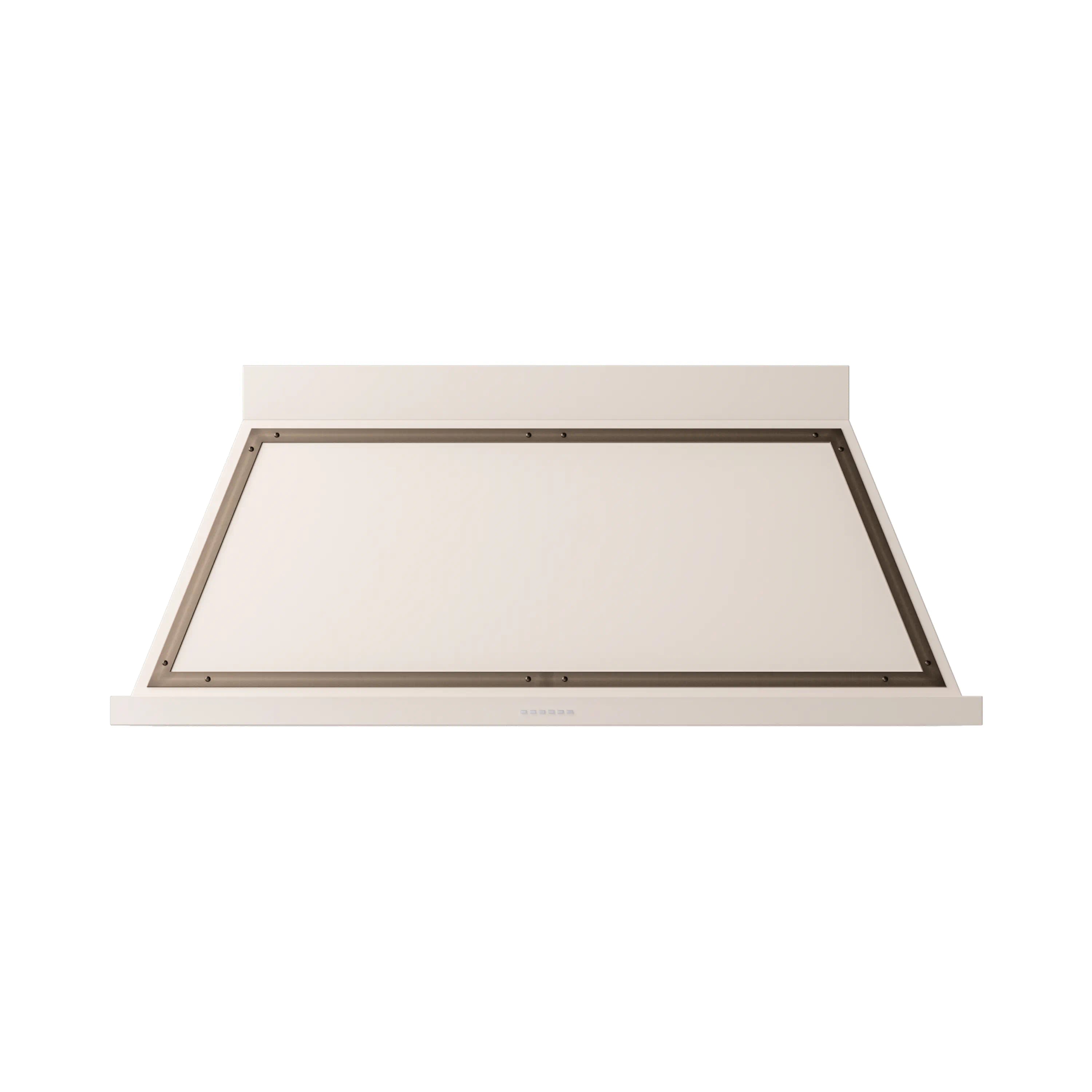 Wall-mounted range hood in antique white with bronze-trim frame, wide canopy