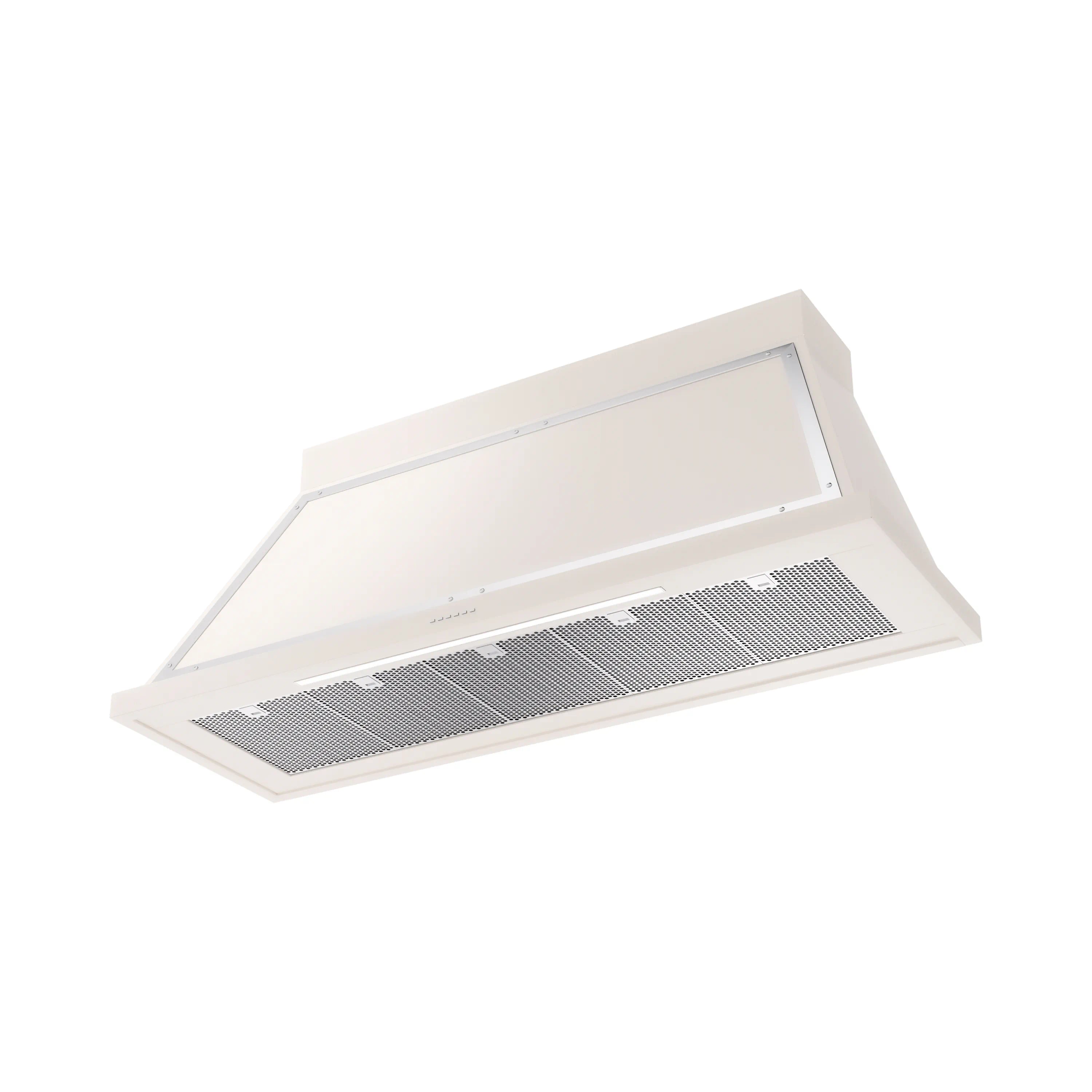 Antique white wall-mounted range hood with underside vent grille and filter tray