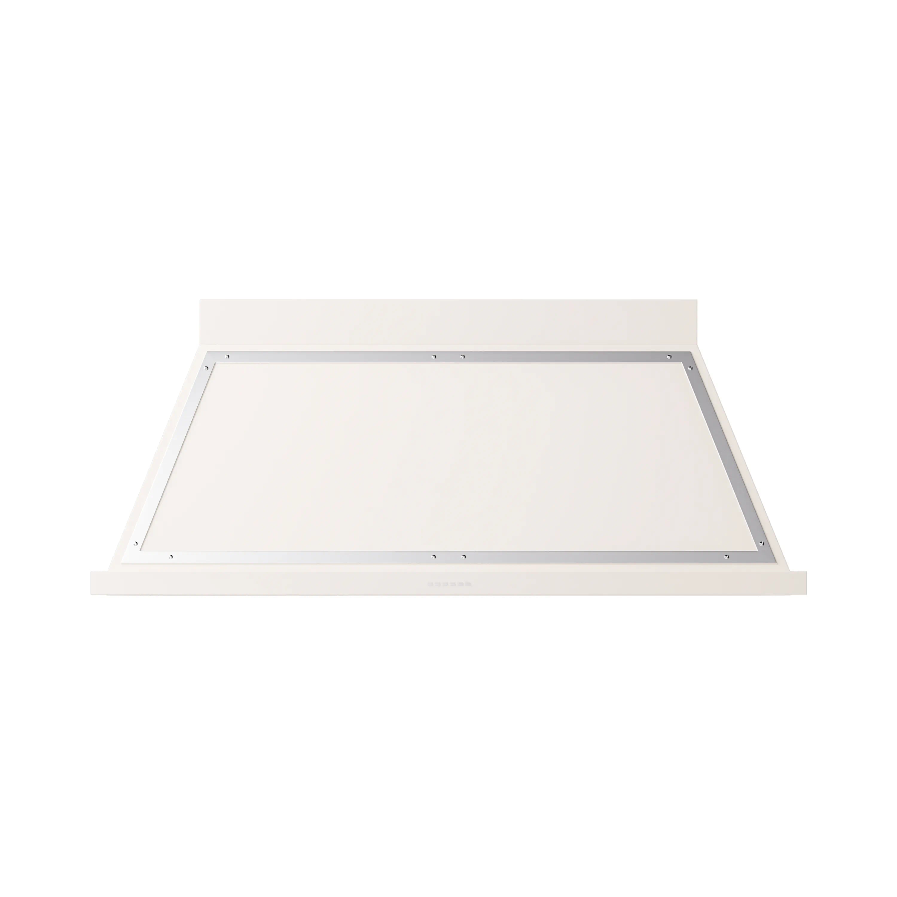 Antique white wall-mounted range hood with chrome-trimmed canopy and flat front panel