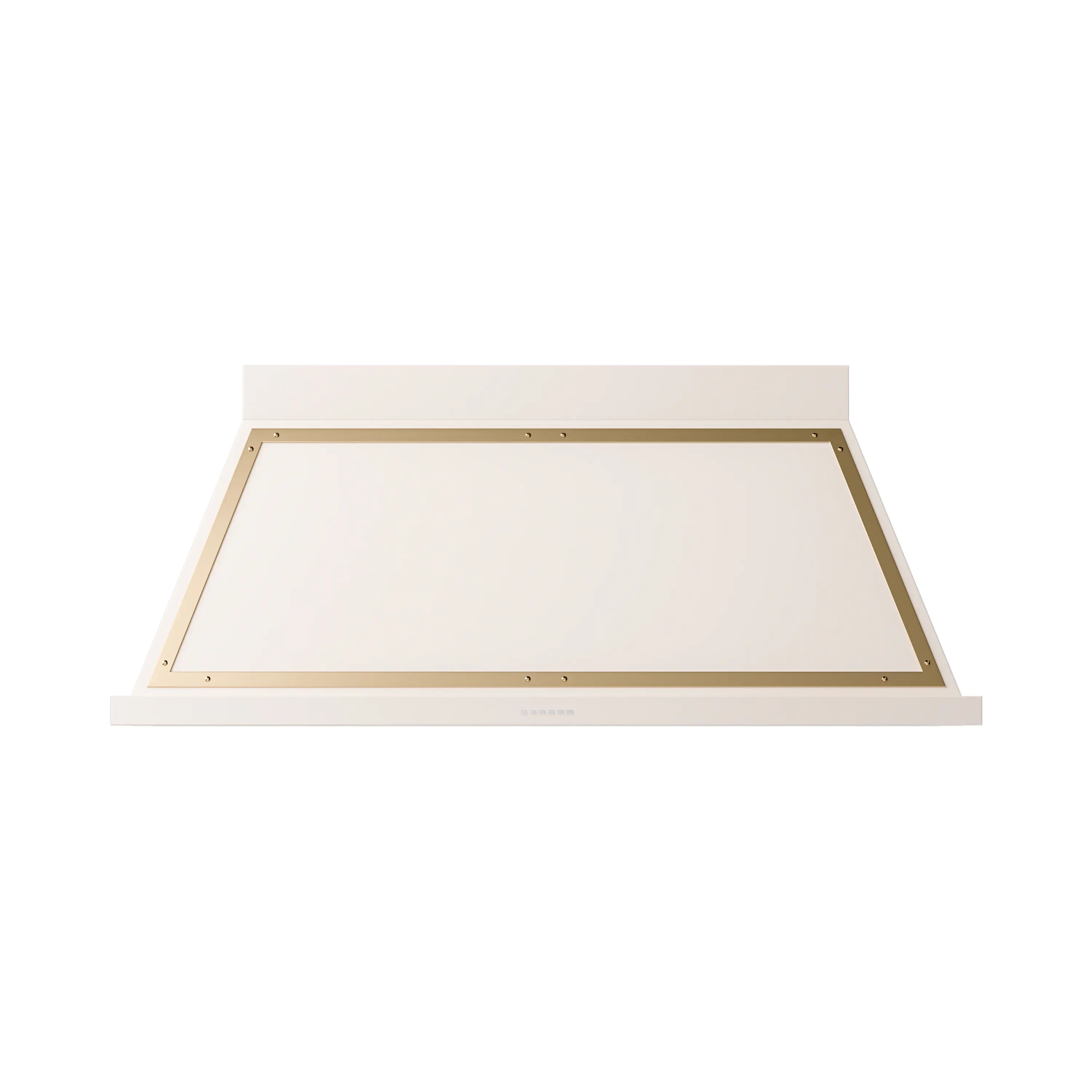 Antique white wall range hood underside frame with brass trim, no grille visible