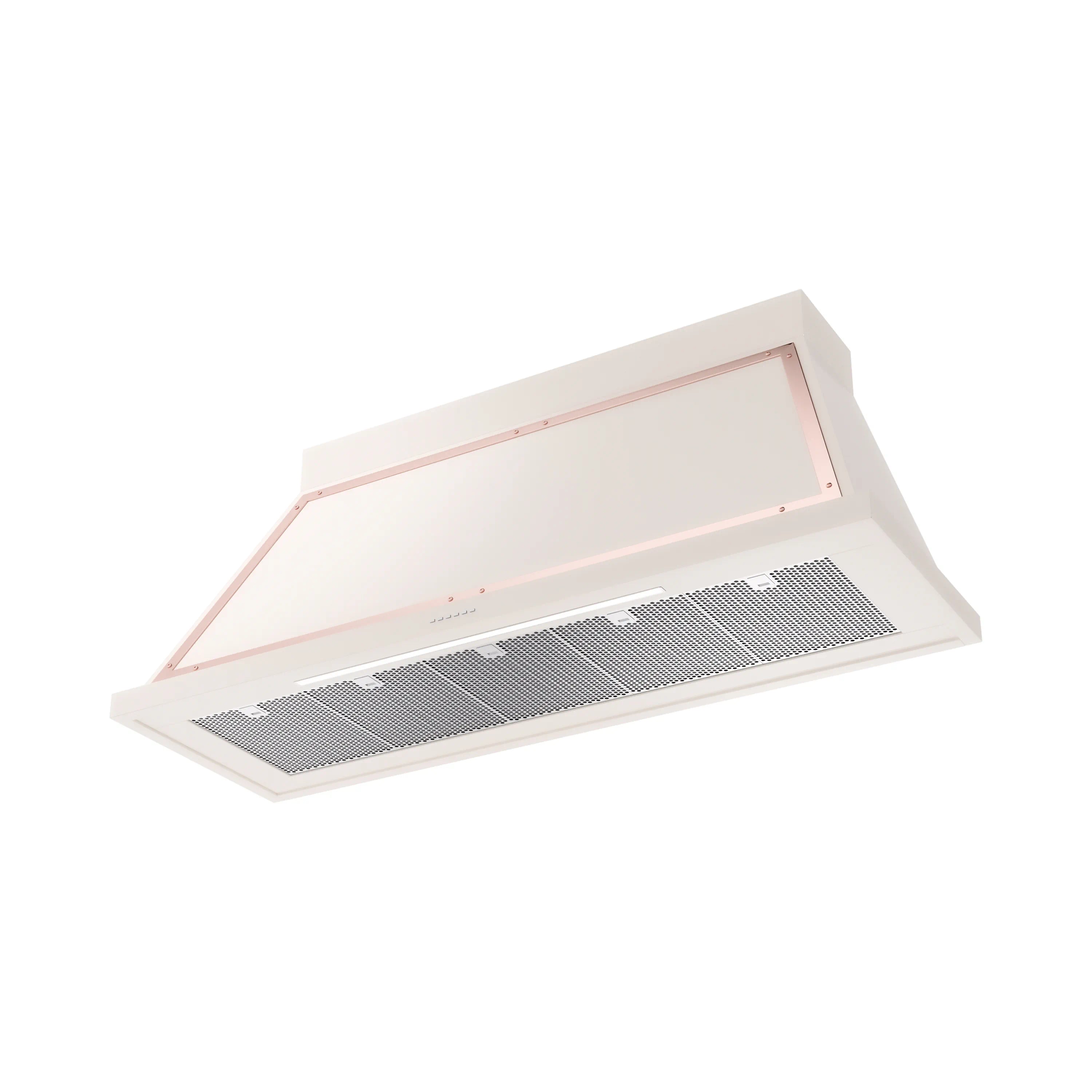 Antique white wall range hood with copper trim and metal grease filters