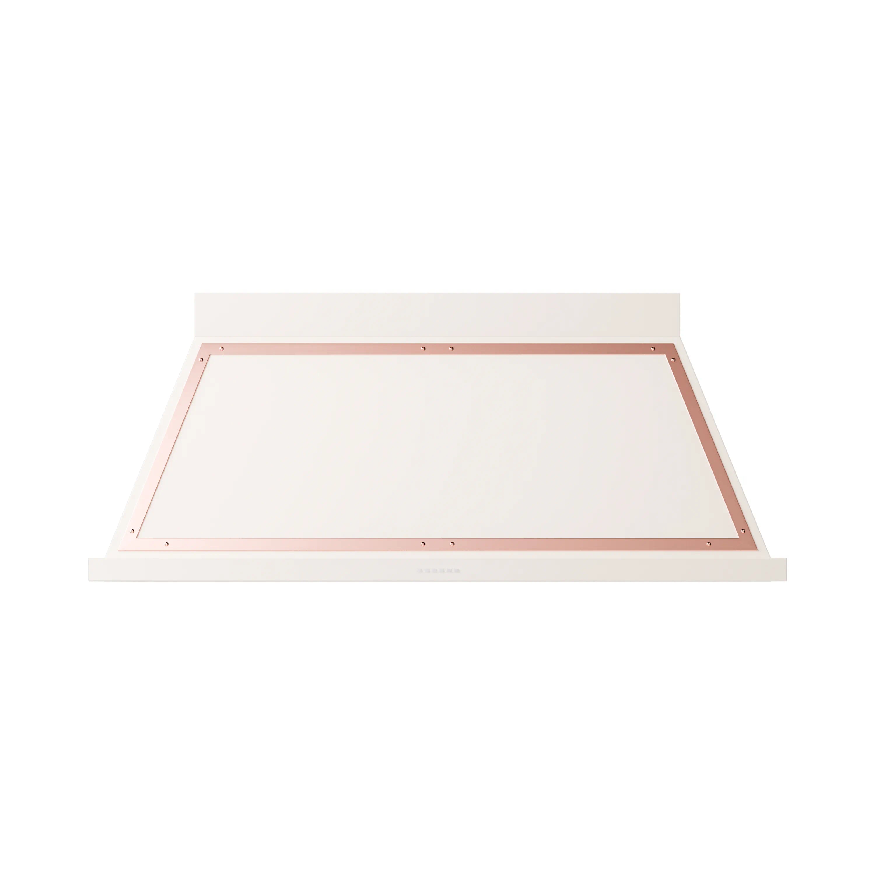 Antique white wall range hood with copper trim and rectangular vent opening