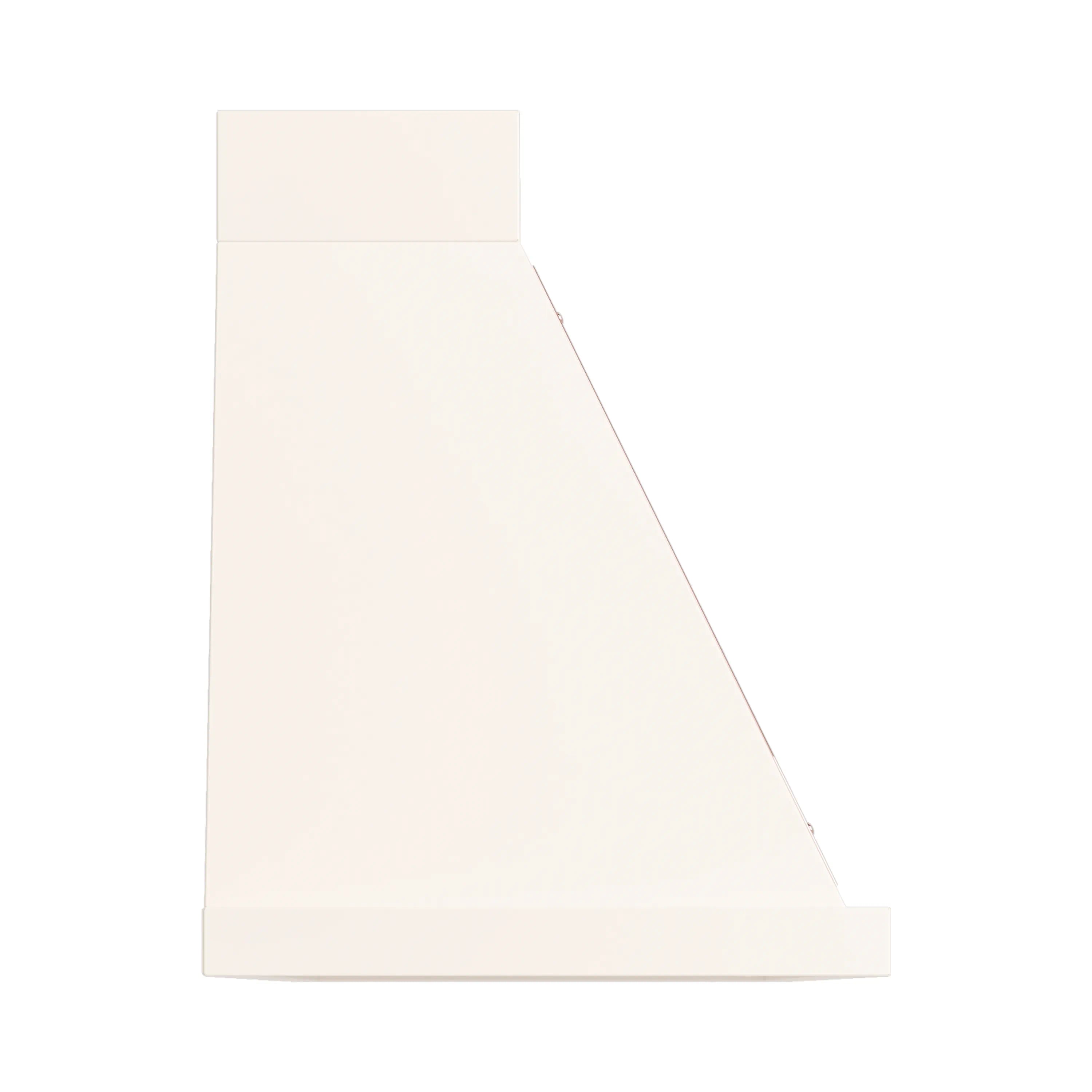 Antique white wall range hood with copper trim, angled side profile