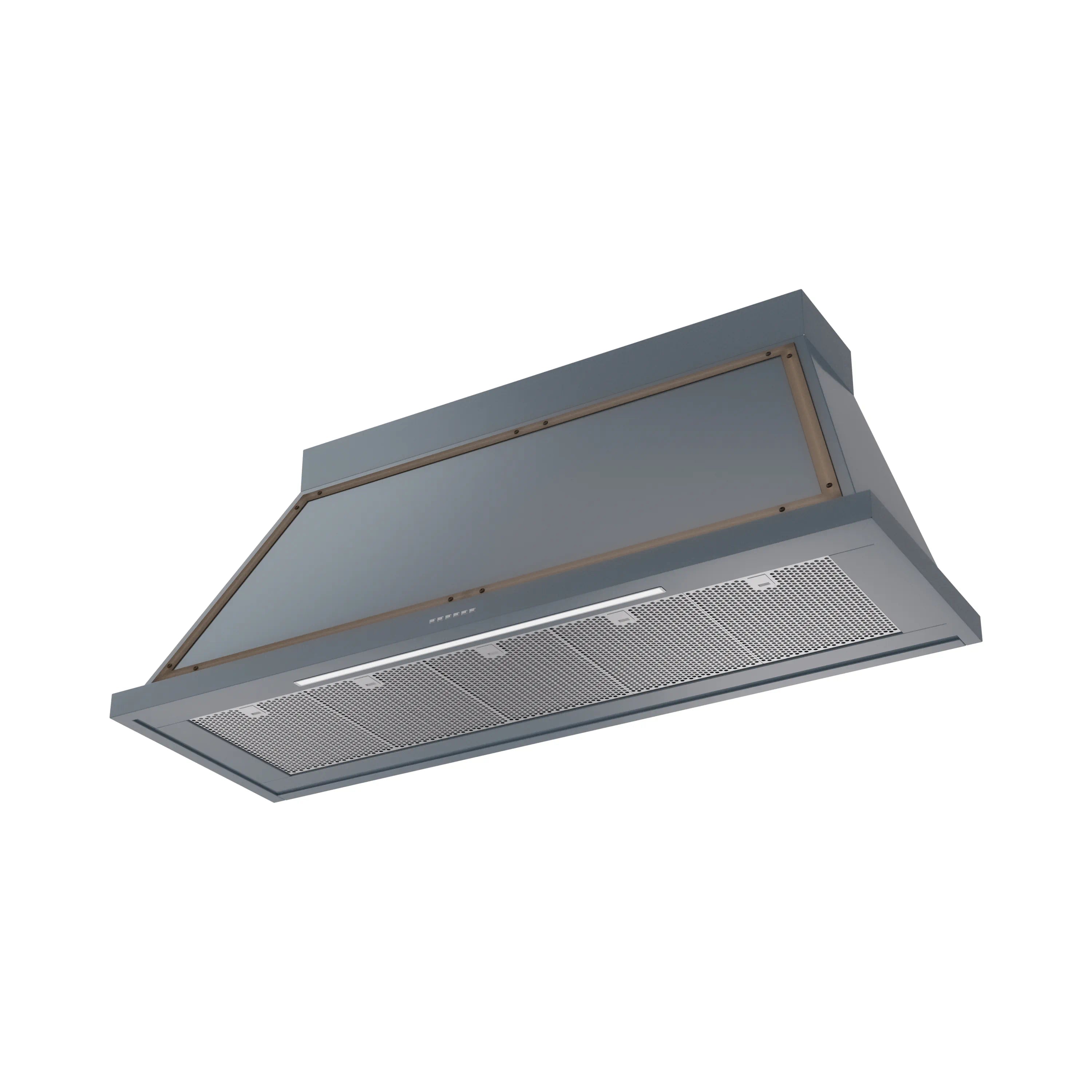 Blue-grey wall-mounted range hood with bronze trim and front grease filter panel