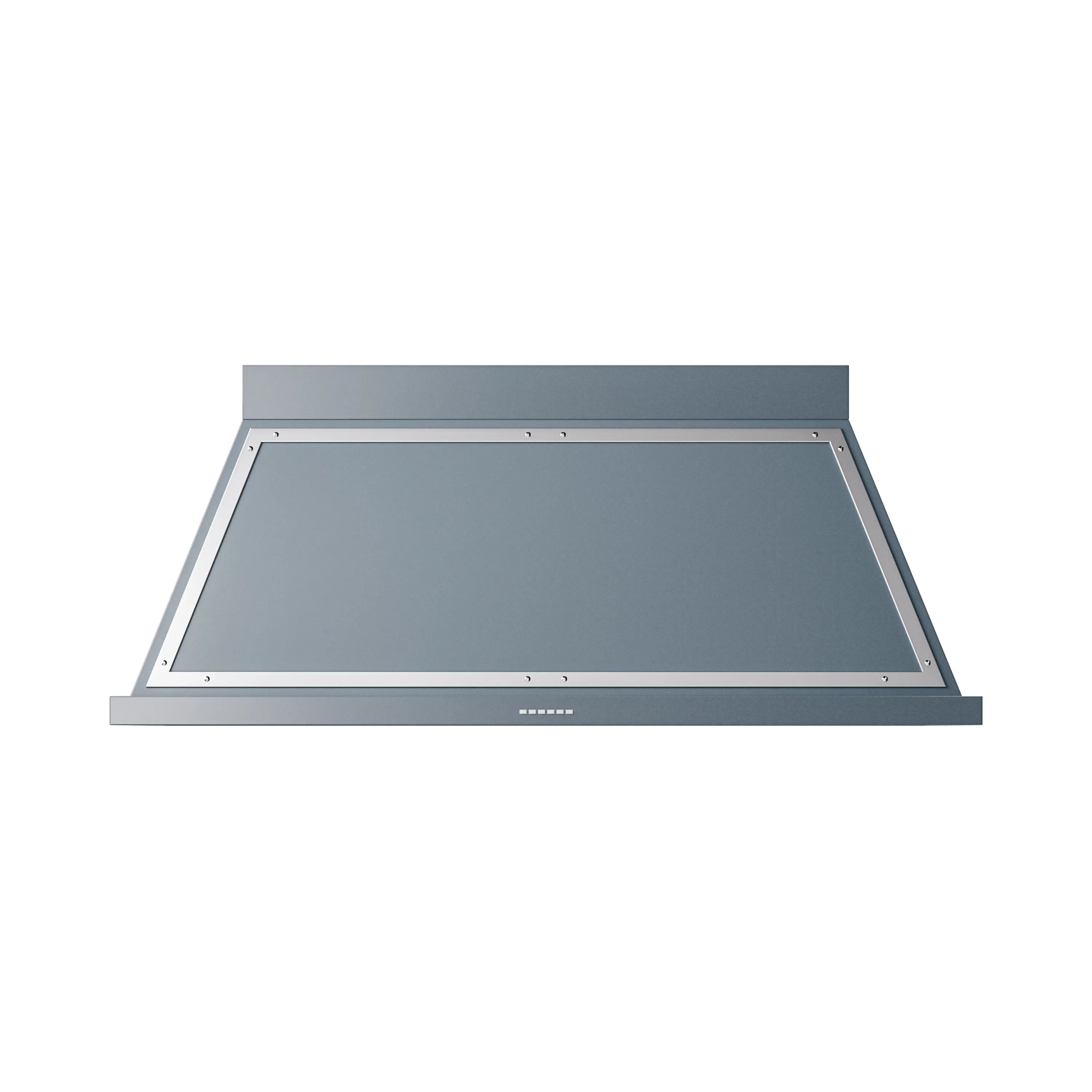 Blue-grey wall range hood with chrome trim, front vent canopy