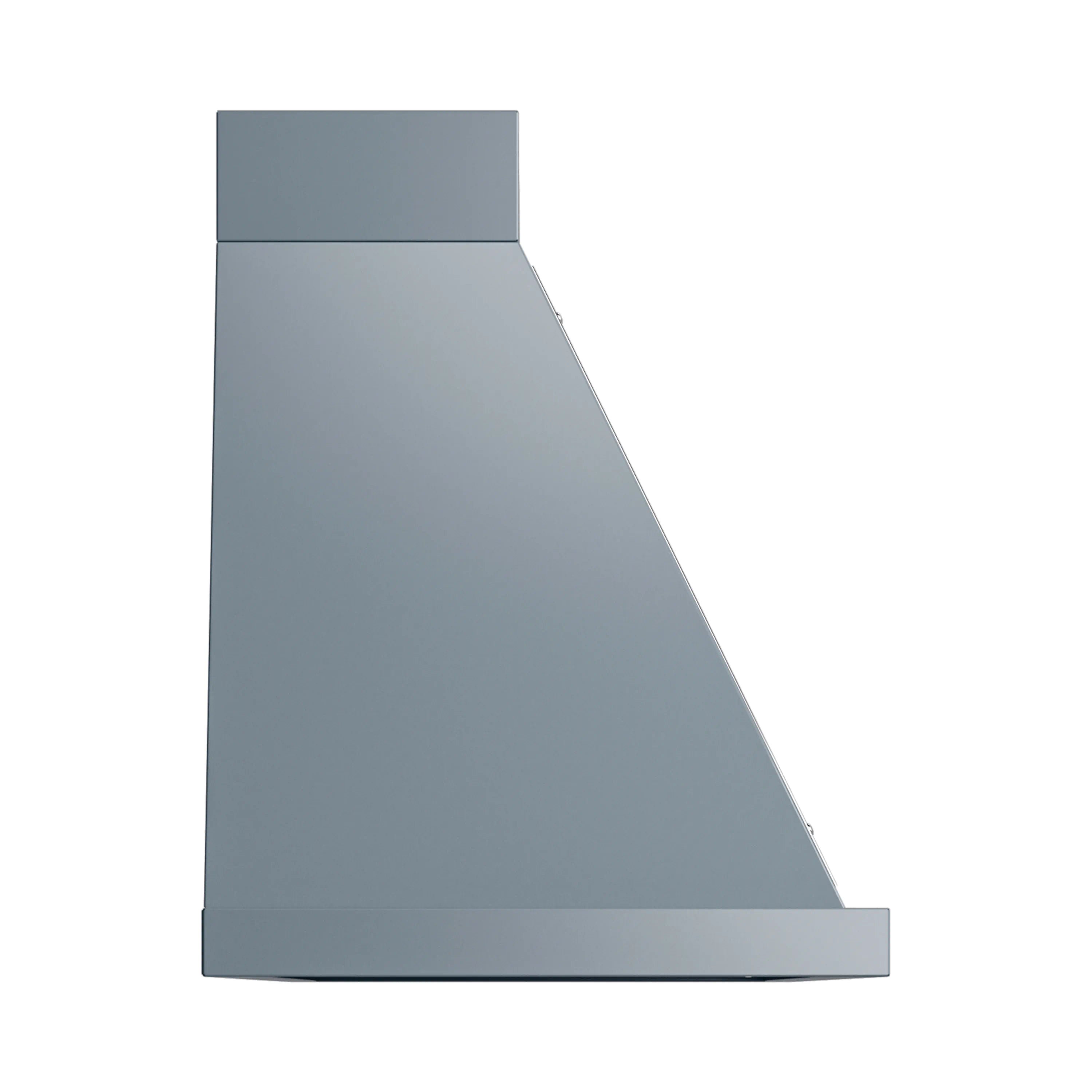 Blue-grey wall range hood with angled chimney-style body and front panel