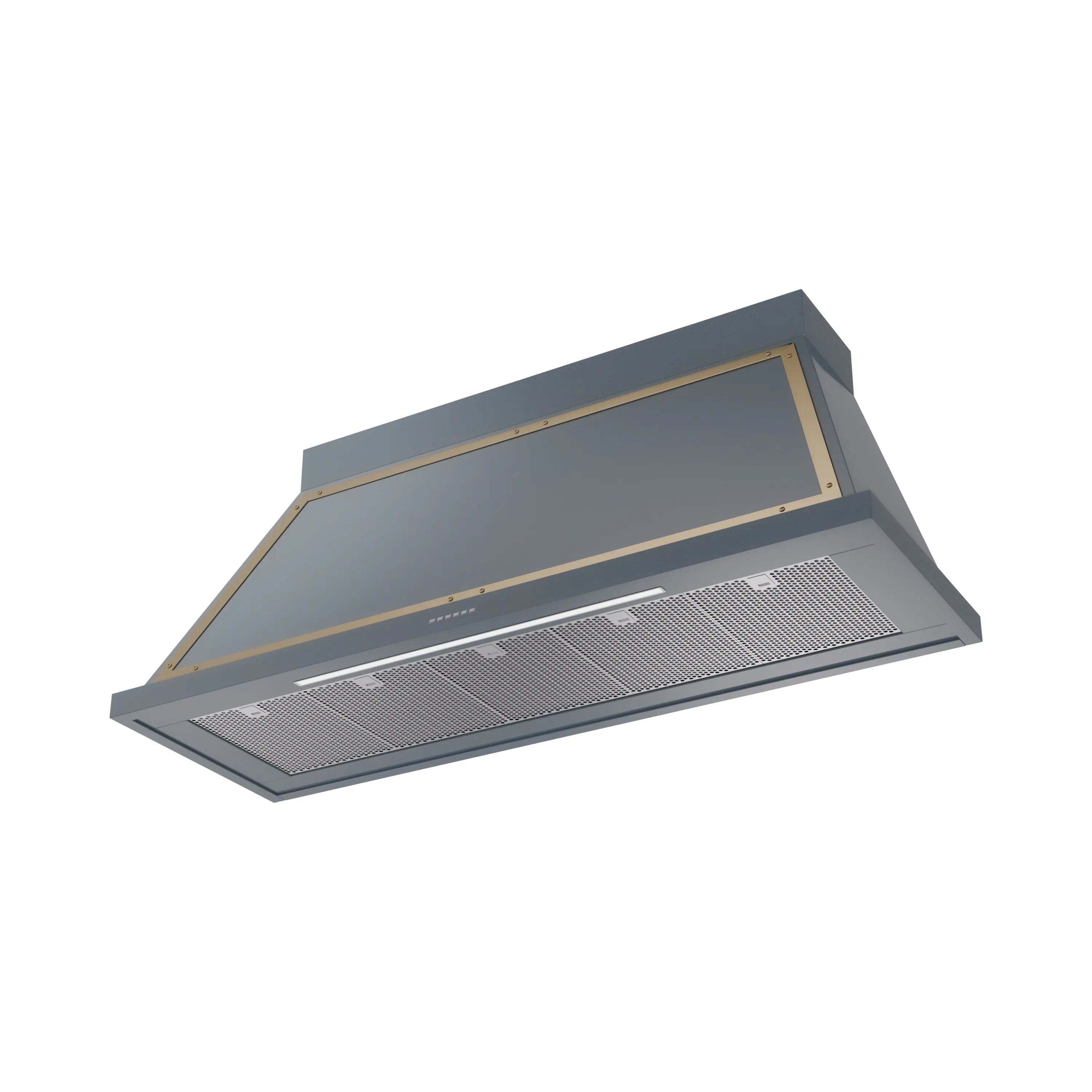 Blue grey wall range hood with brass trim, front vent filters, and control panel