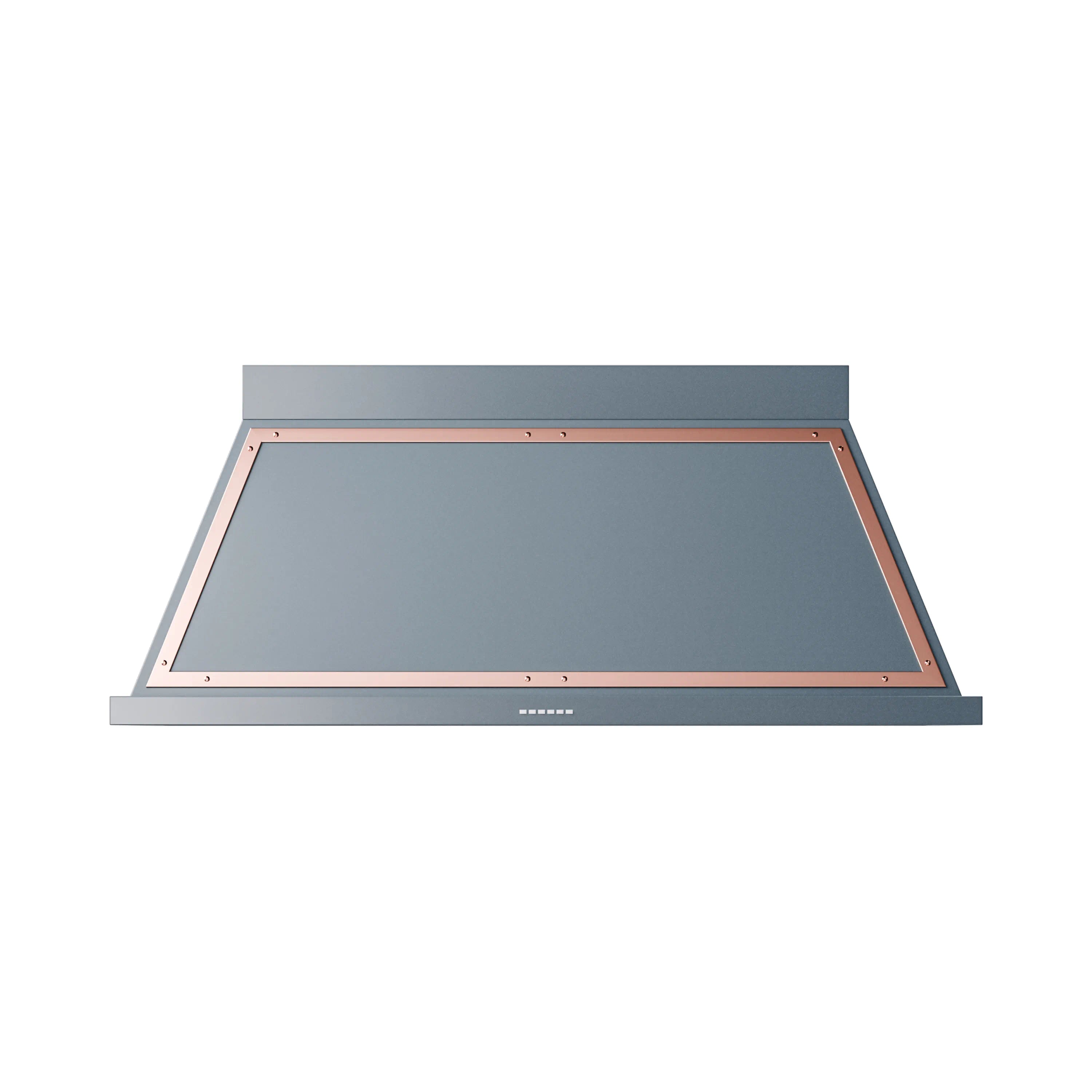 Wall-mounted range hood with blue-gray body and copper-trimmed underside