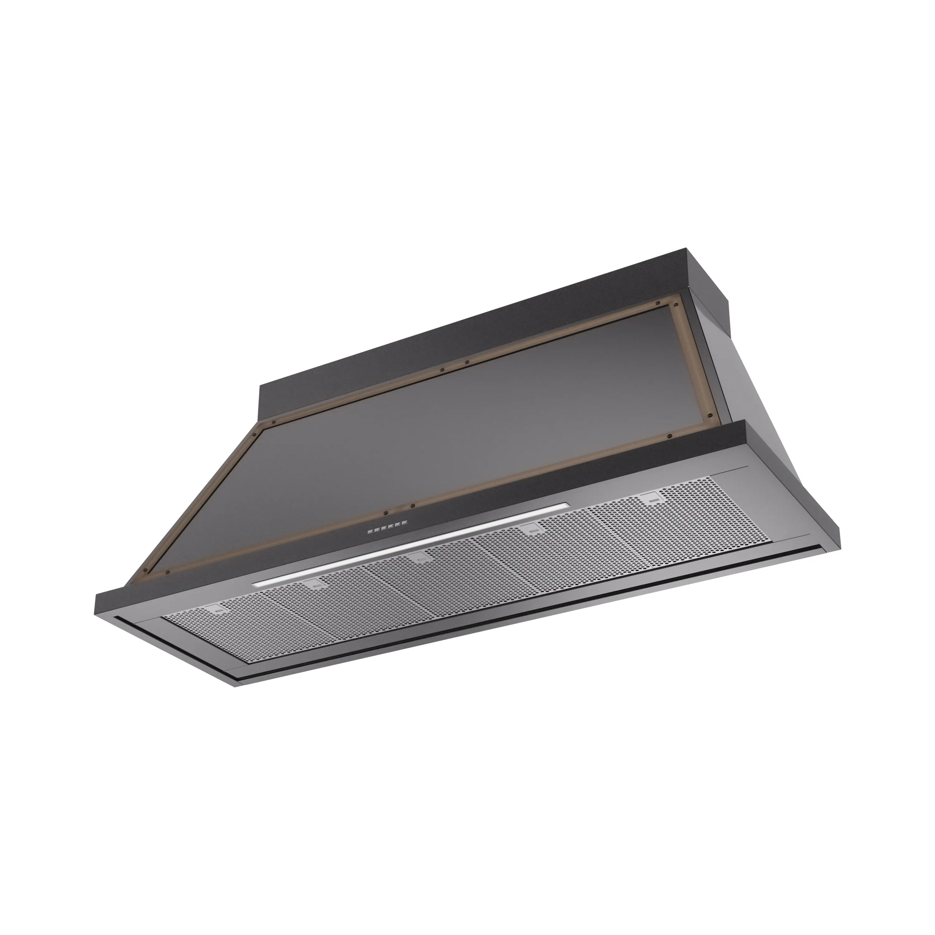 Wall-mounted range hood with bronze-framed opening and stainless baffle filters.