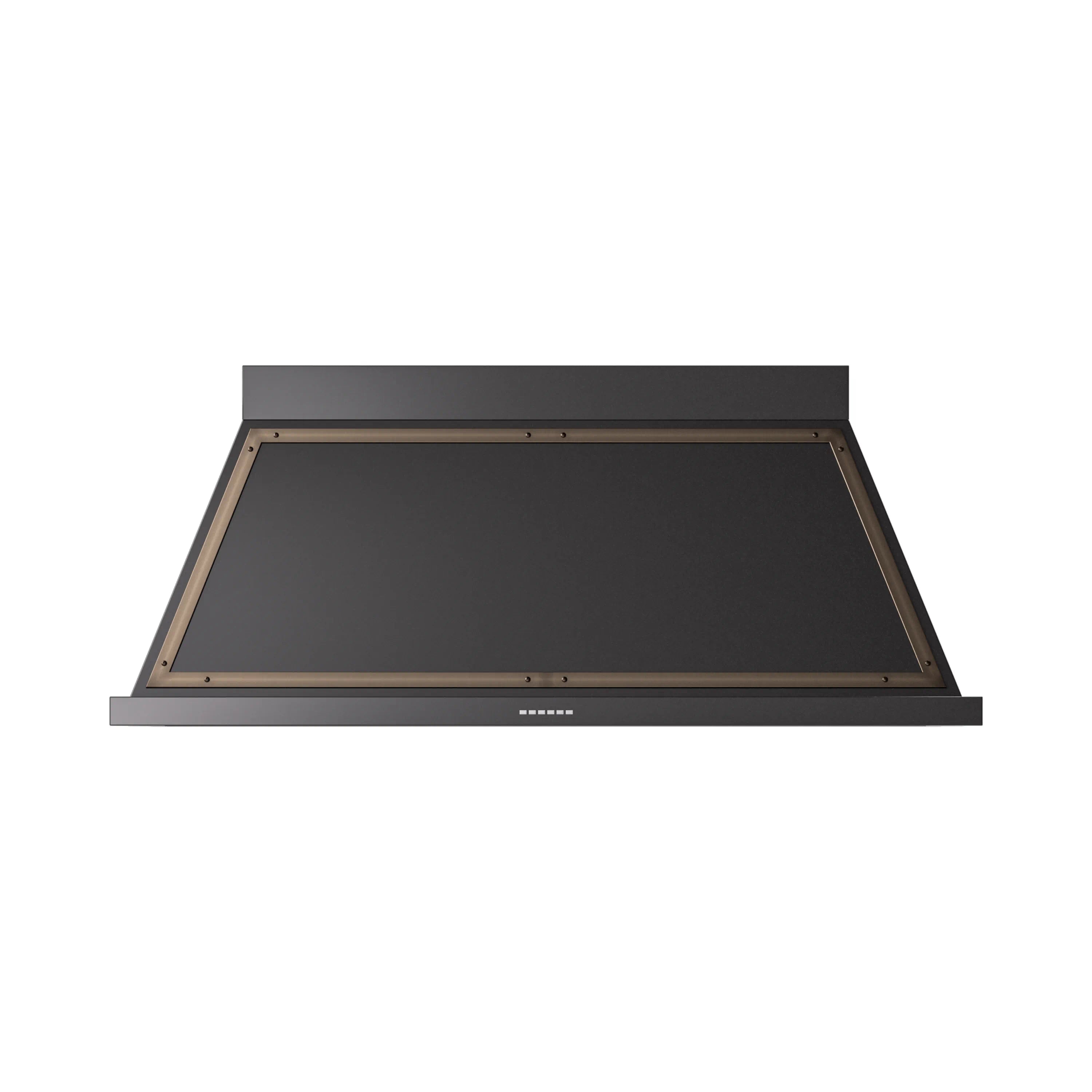 Wall-mounted range hood front opening with bronze trim and dark stainless filter area.