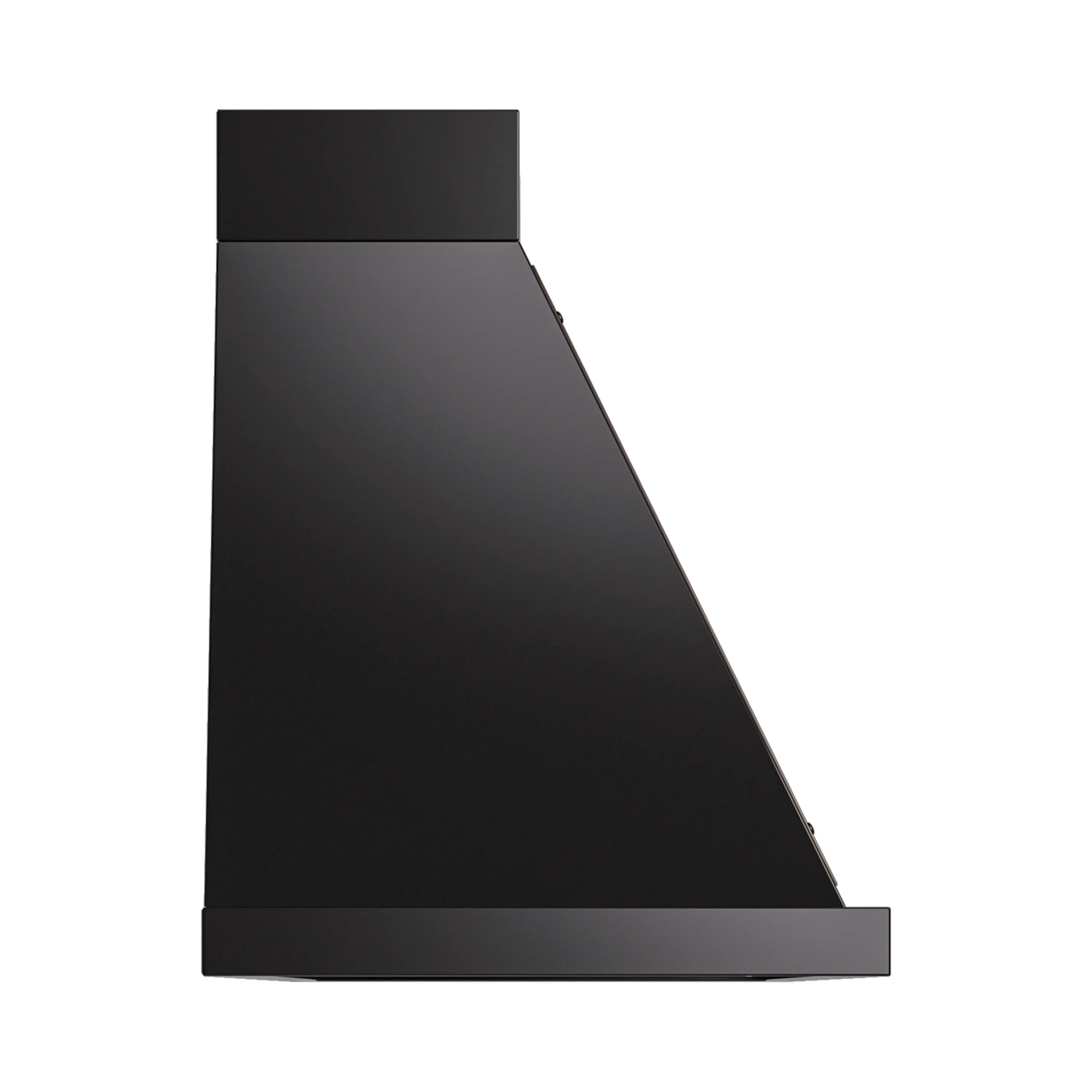 Wall-mounted range hood, glossy black chimney with bronze trim and flat bottom panel.