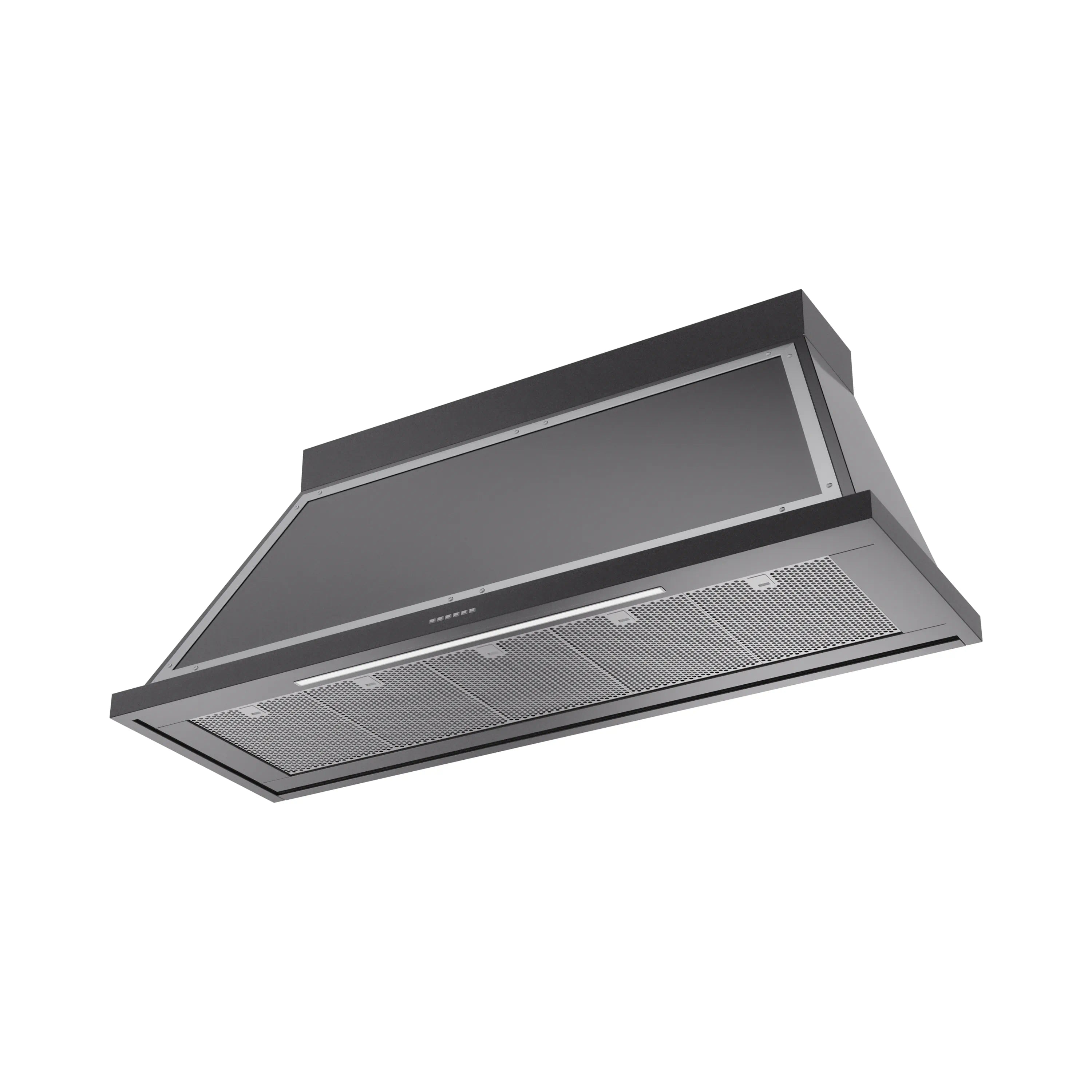 Glossy black wall-mounted range hood with chrome trim and front vent filters