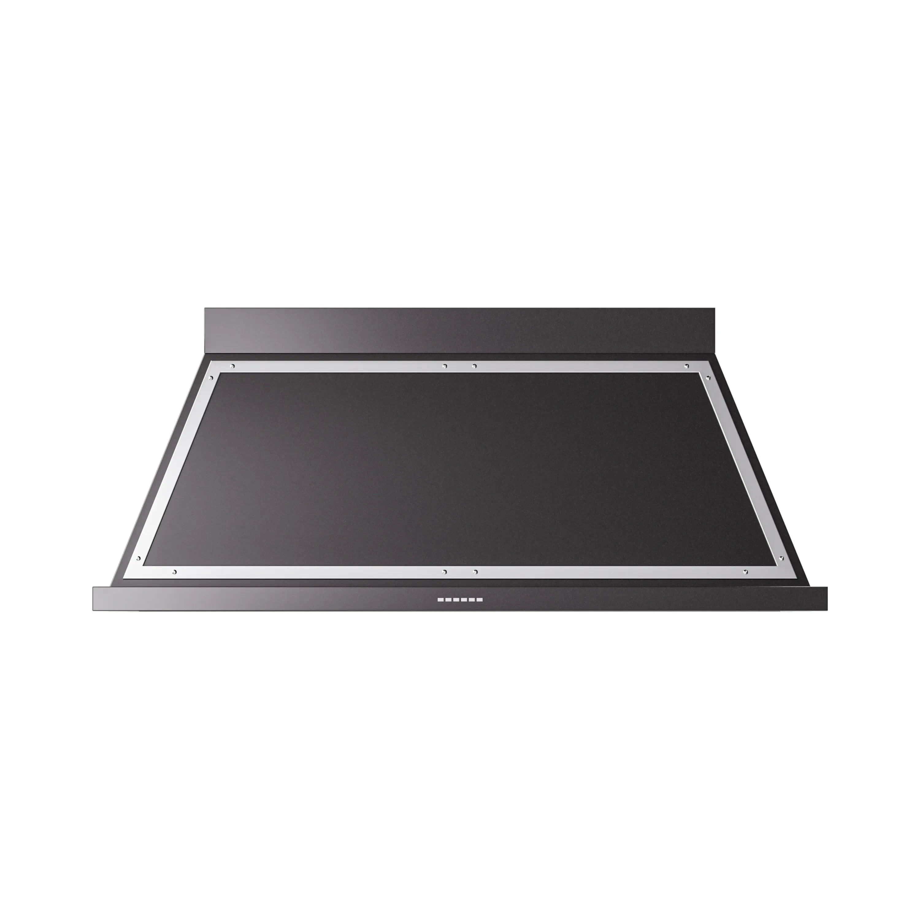 Black wall-mounted range hood underside with vent grille and dark panel