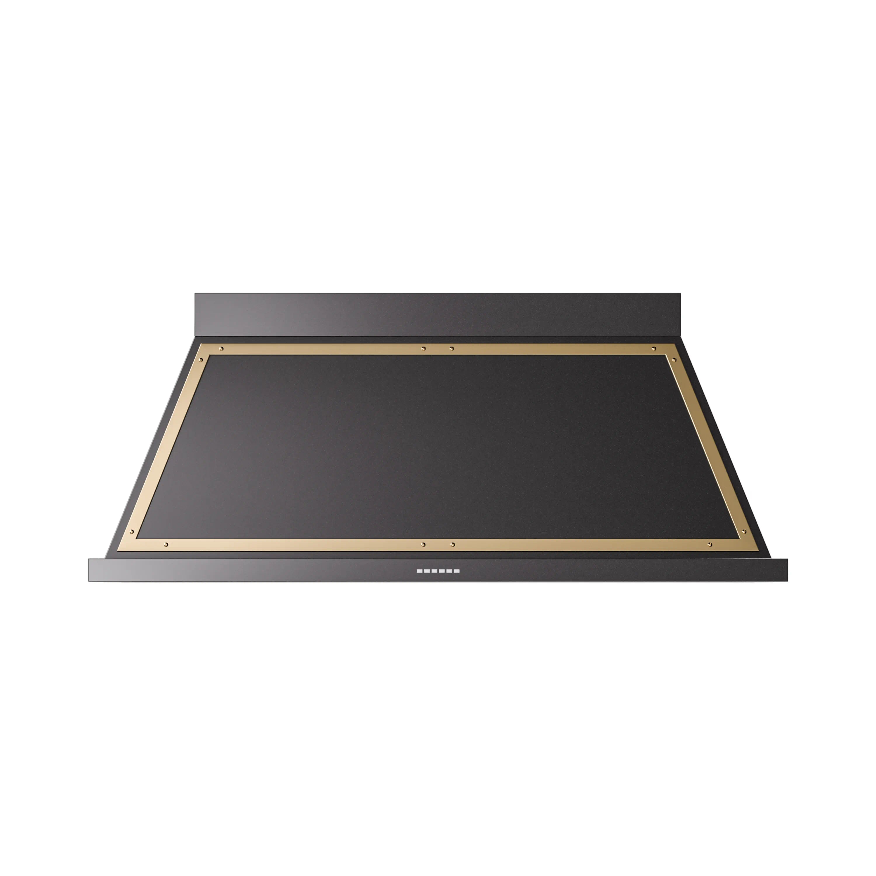 Wall-mounted range hood with brass-trimmed dark canopy and front vent slots