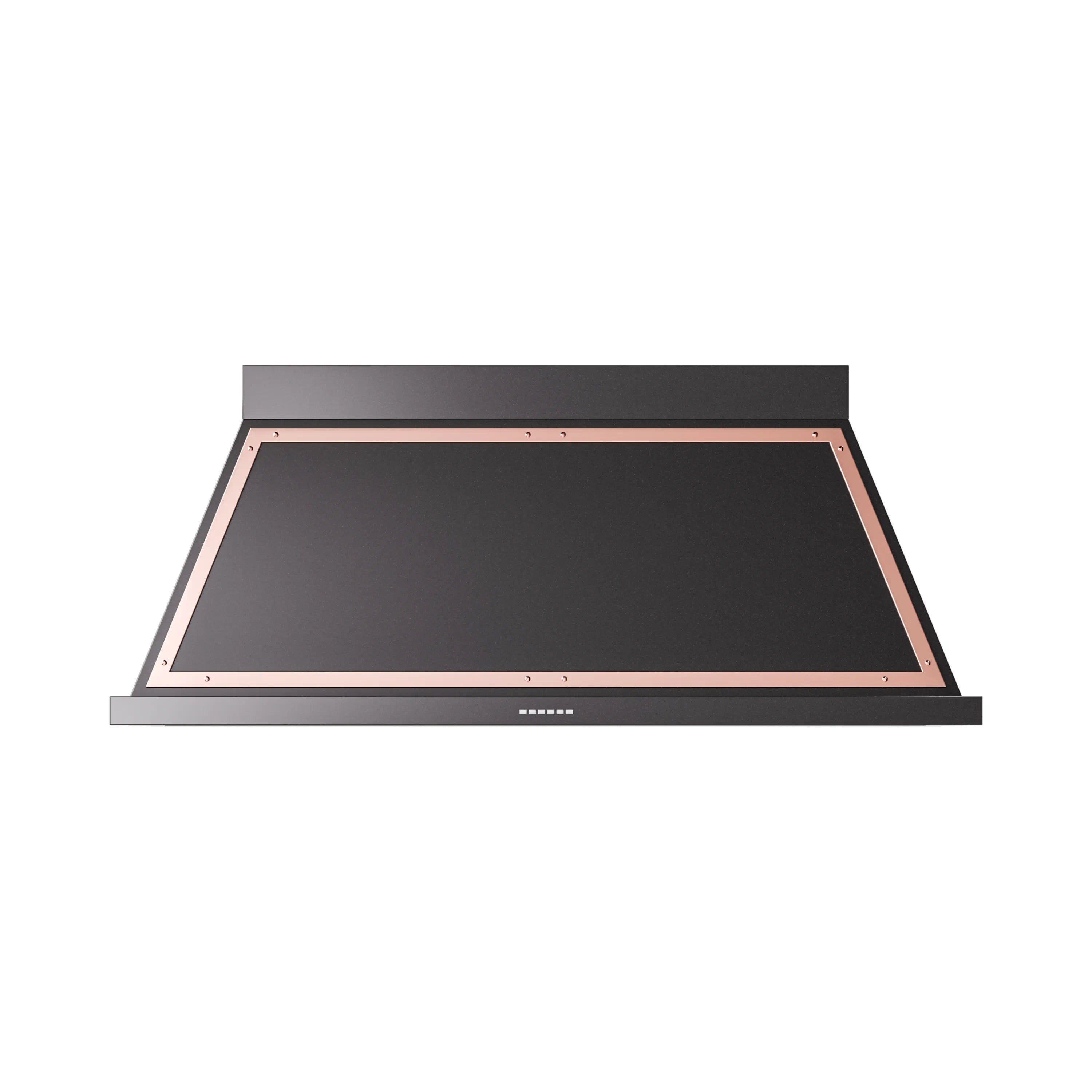 Wall-mounted range hood with copper-trimmed opening and dark interior panel