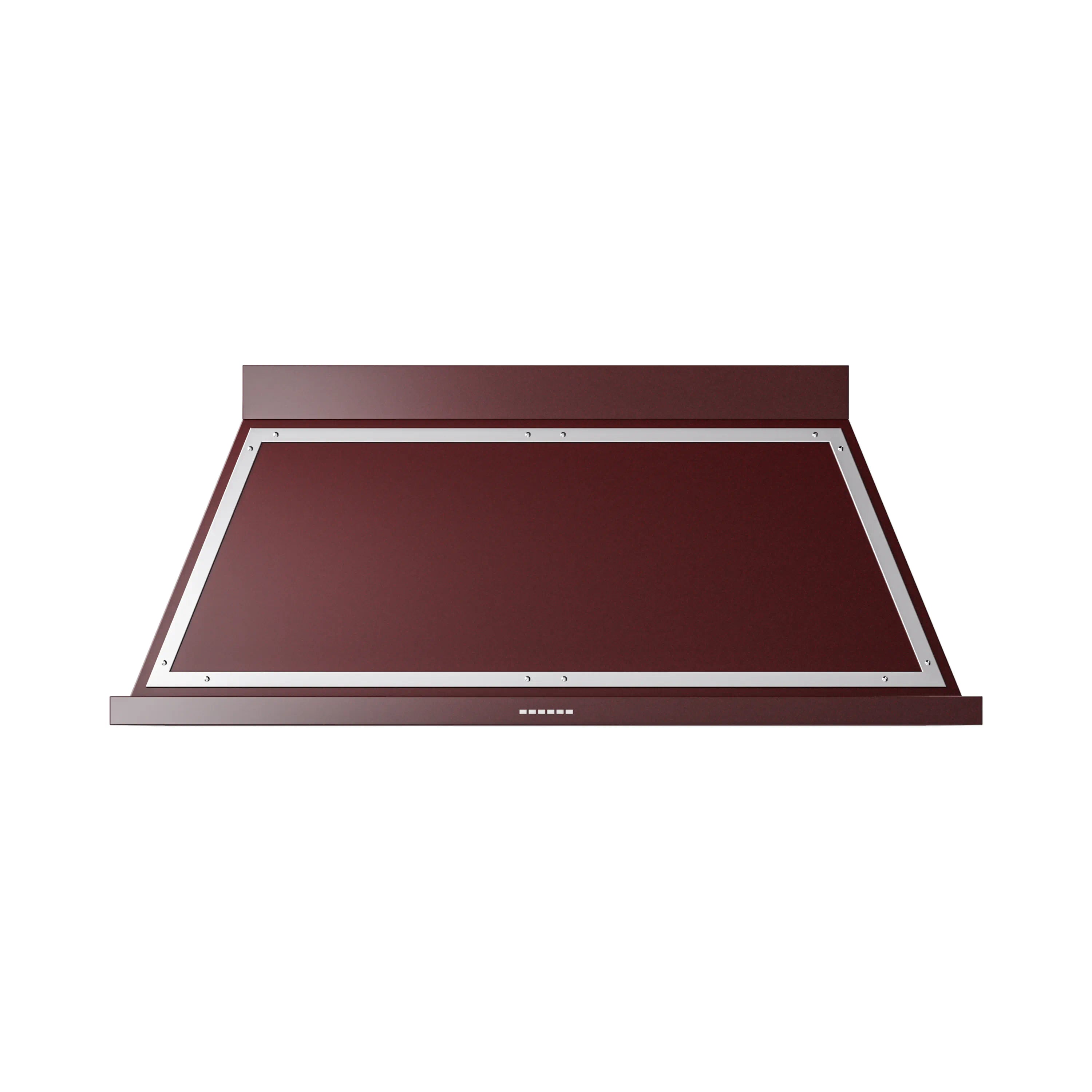 Burgundy wall-mounted range hood underside with baffle and control strip
