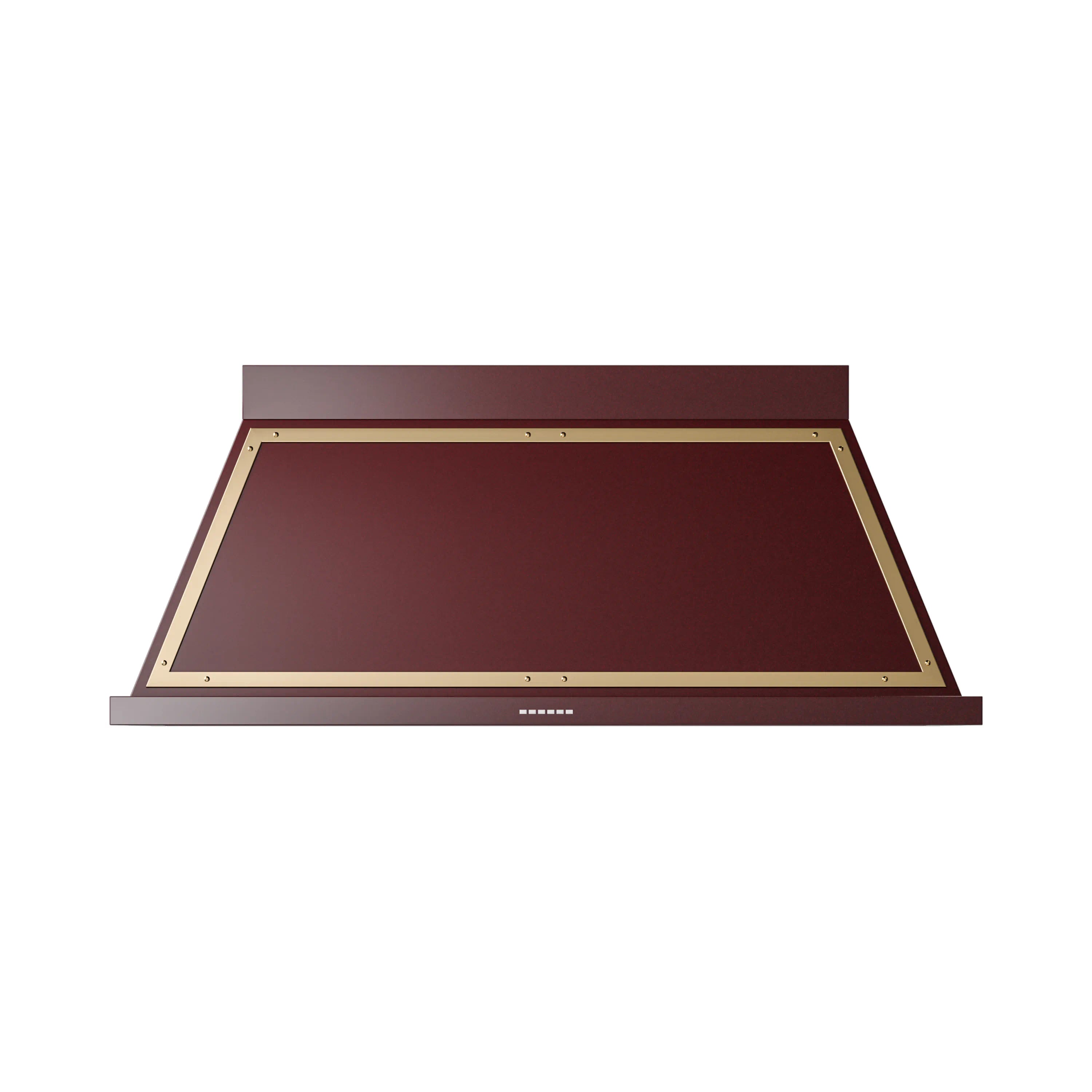 Burgundy wall-mounted range hood underside with brass trim panel and vent grate