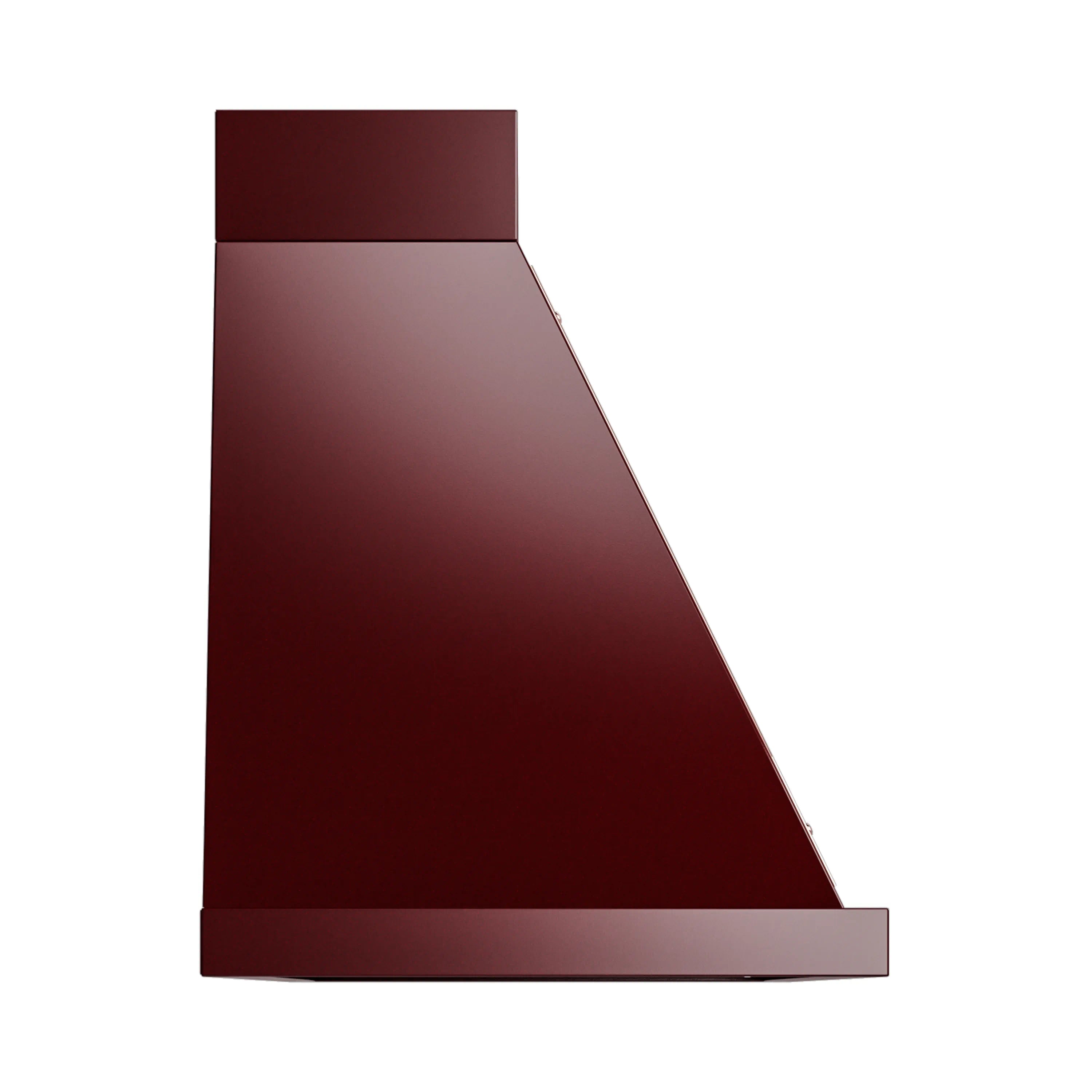 Burgundy wall-mounted range hood side view with copper-trimmed lower lip