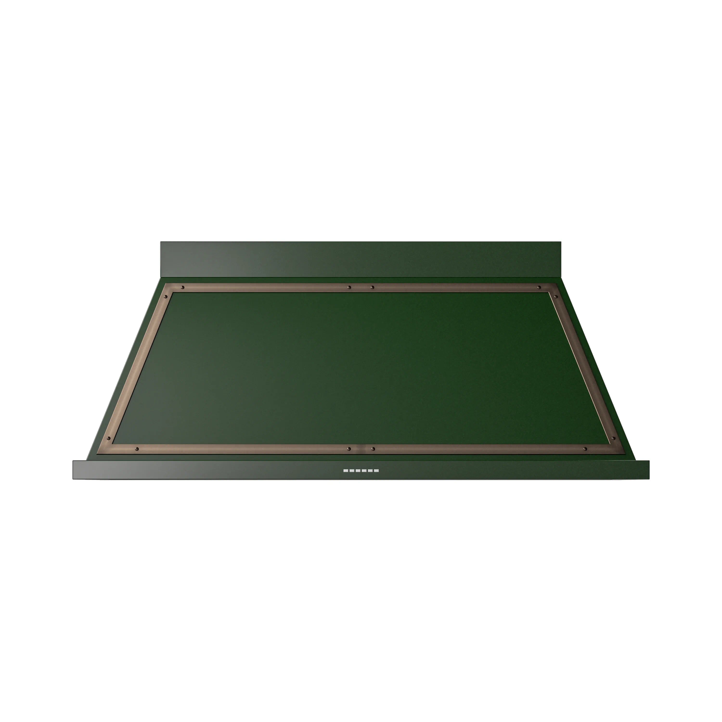 Emerald green wall range hood with bronze border and vent opening