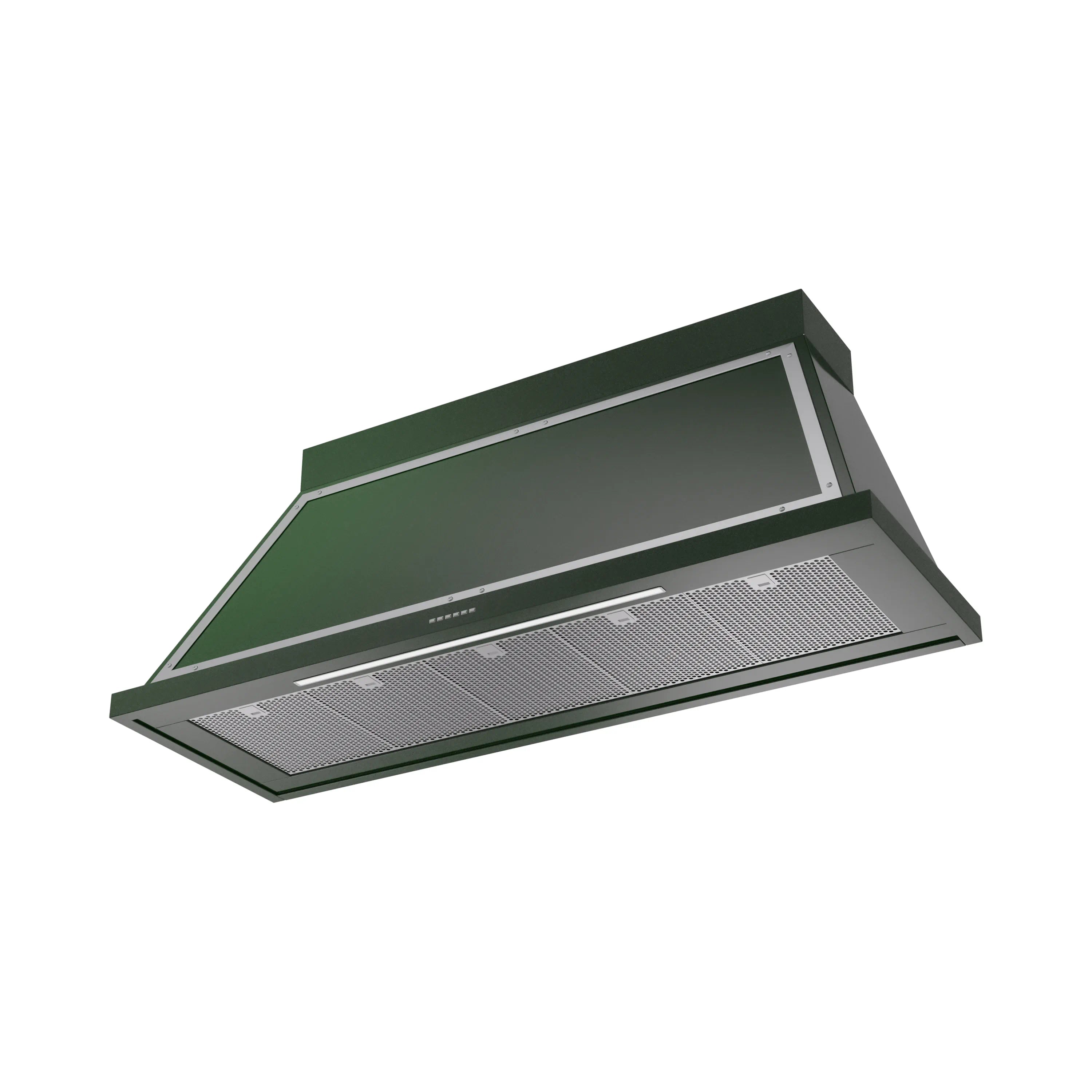Emerald green wall mounted range hood with chrome trim and stainless mesh filters