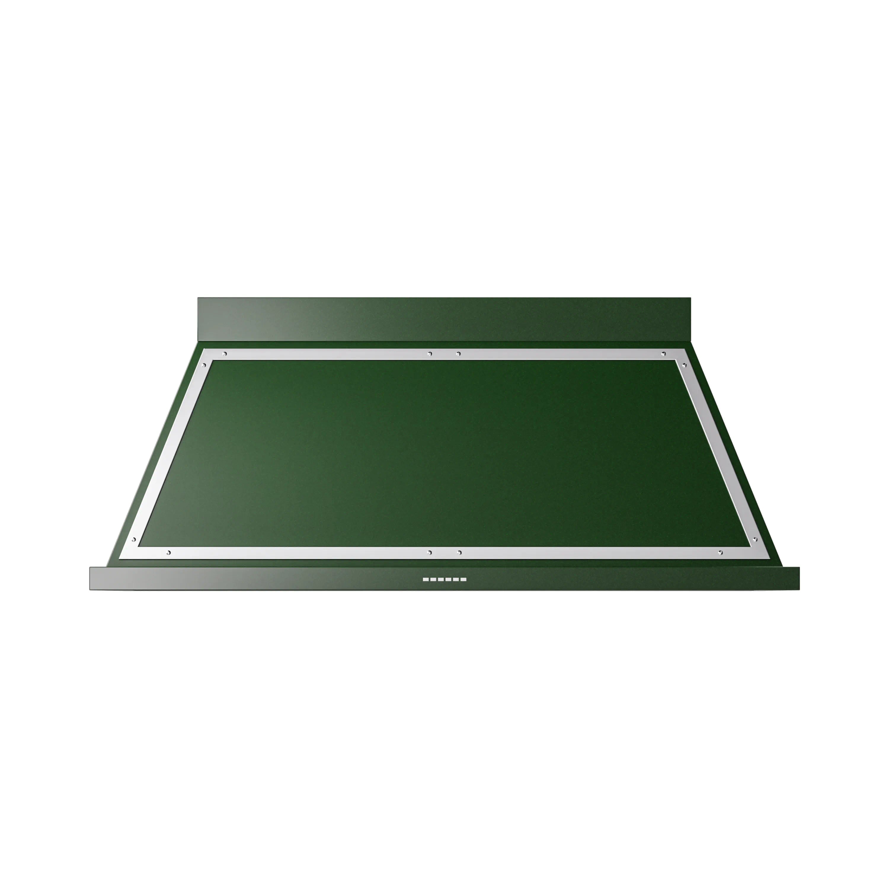 Emerald green wall mounted range hood with chrome trim and front control strip