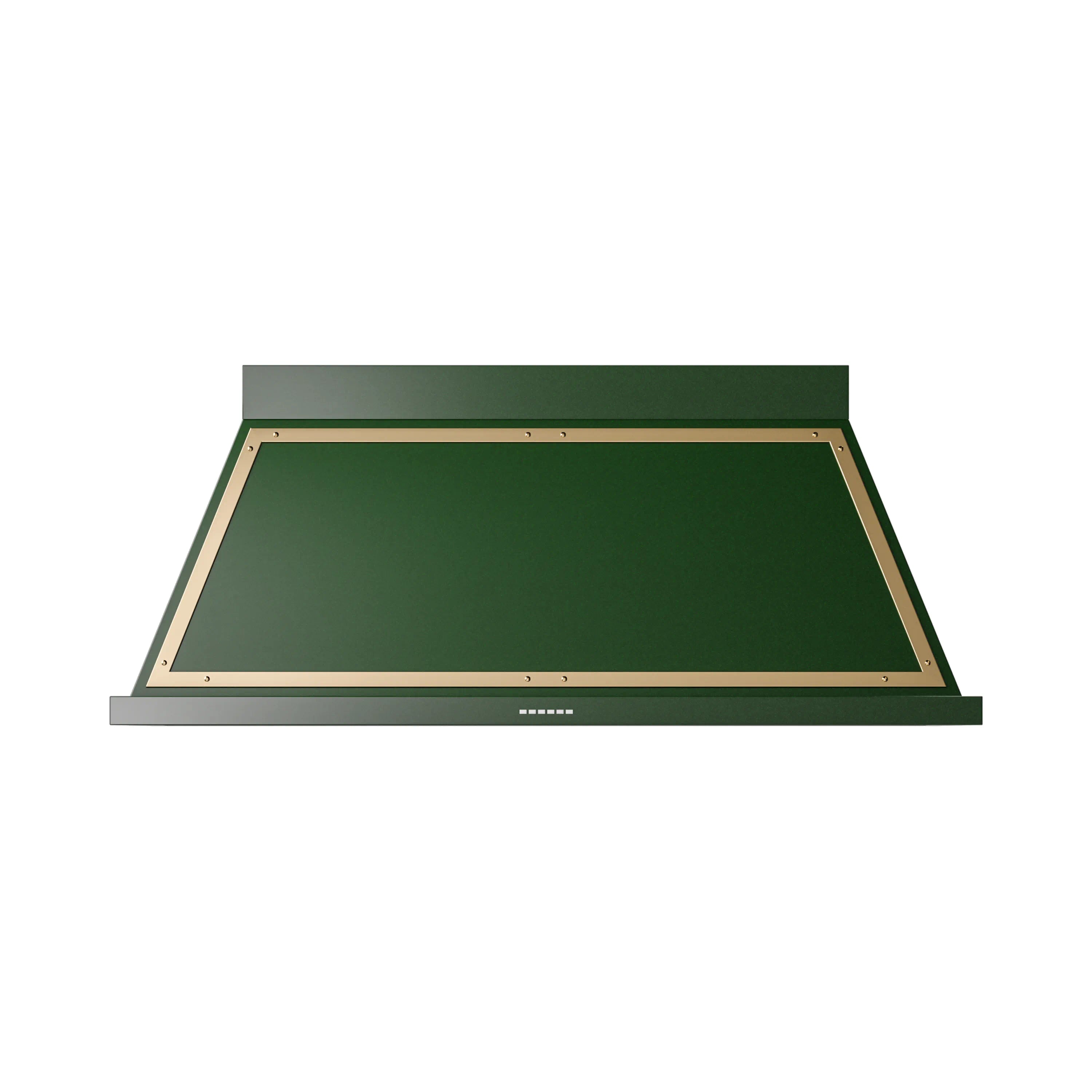 Emerald green wall range hood with open chimney and brass trim border