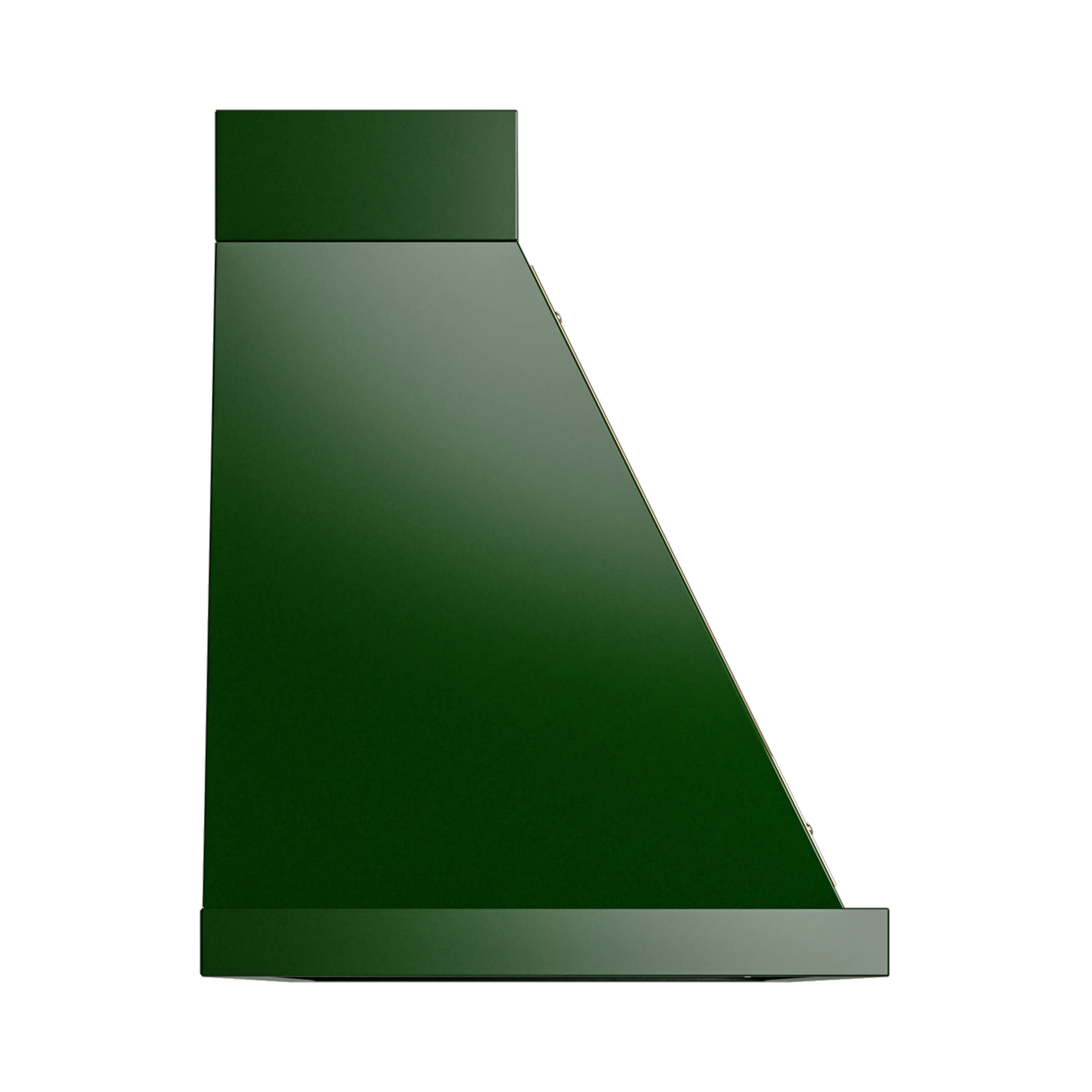 Emerald green wall range hood underside with front vent and brass trim edge