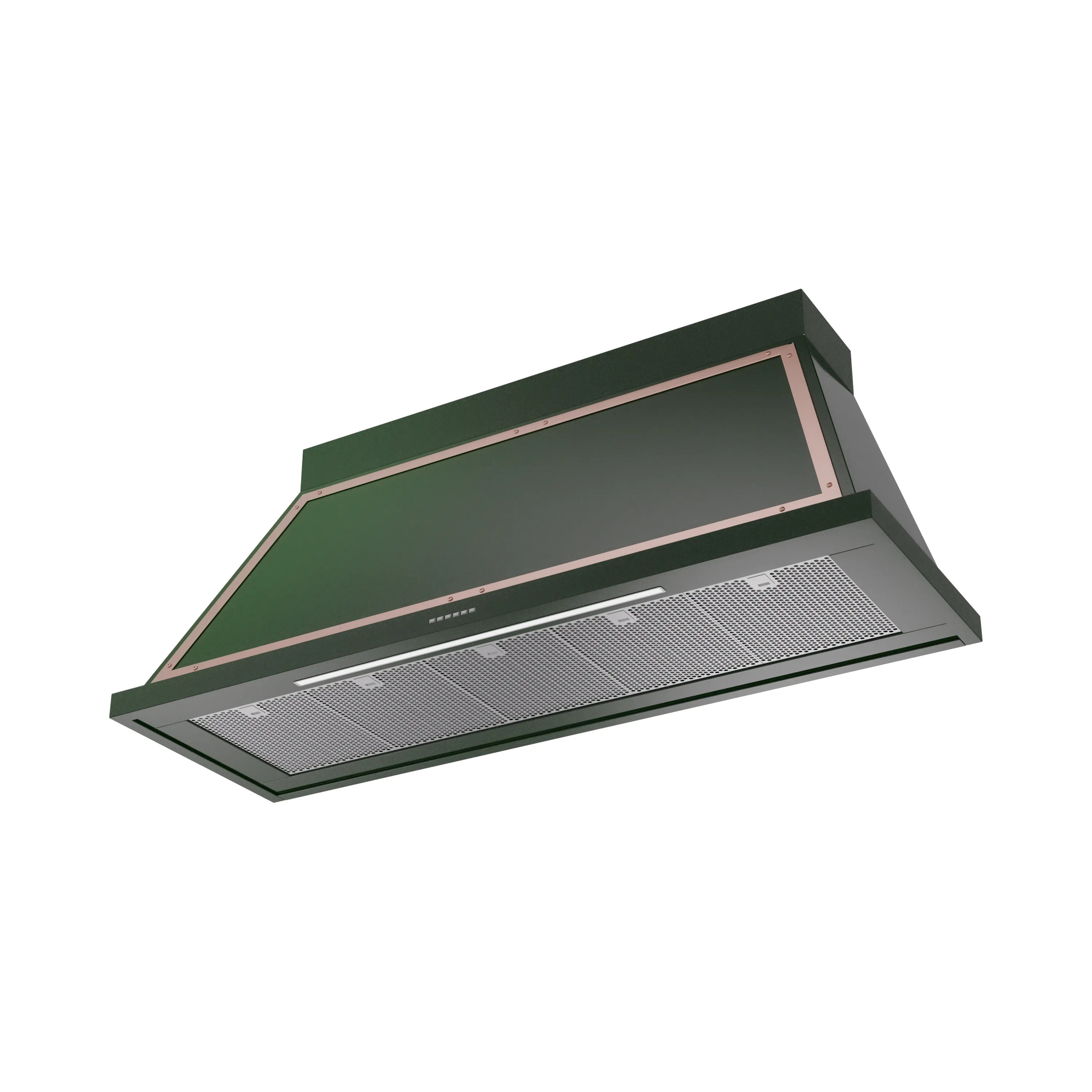 Wall-mounted range hood in emerald green with copper edge trim and stainless filter grille