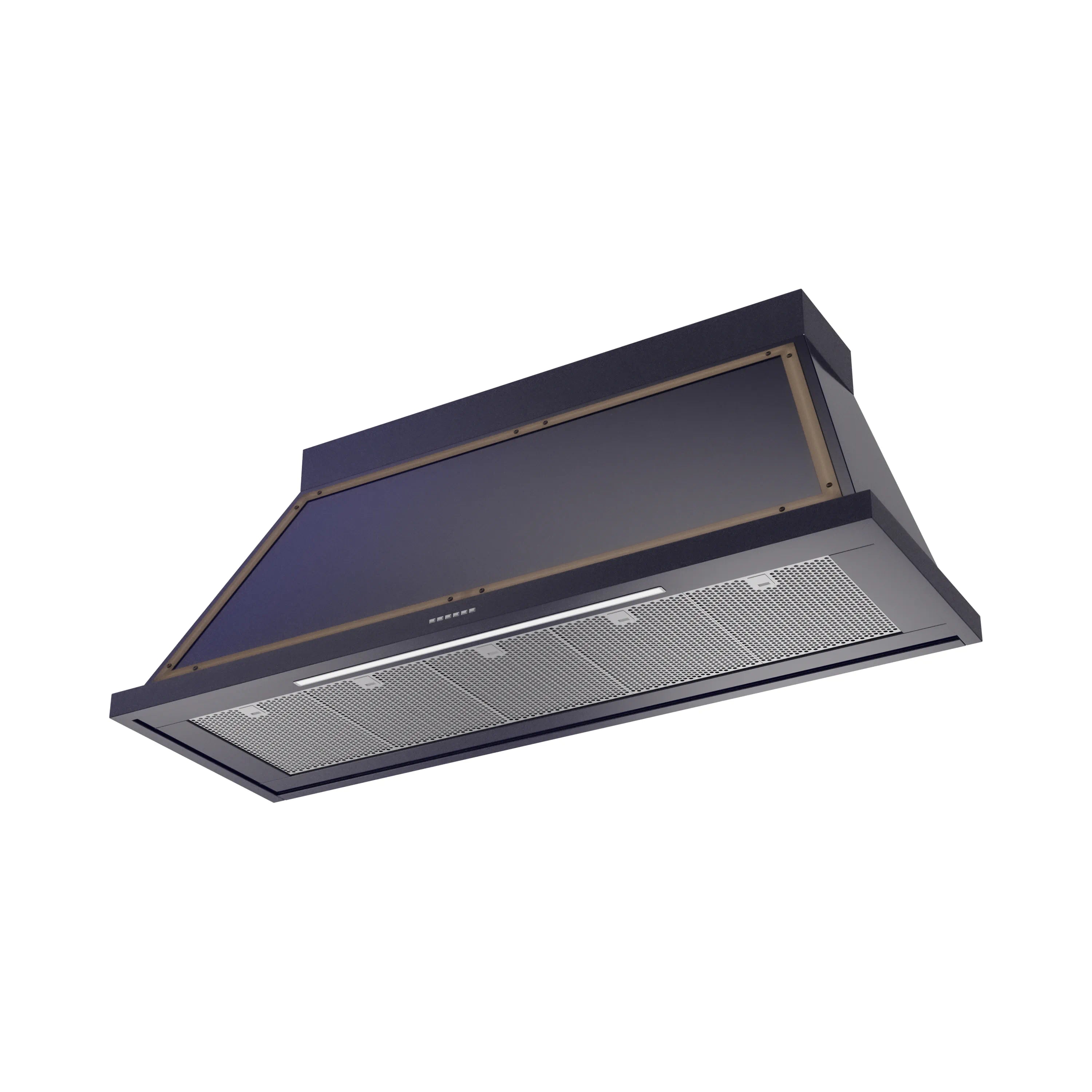Wall-mounted range hood in midnight blue with bronze trim and front vent filters