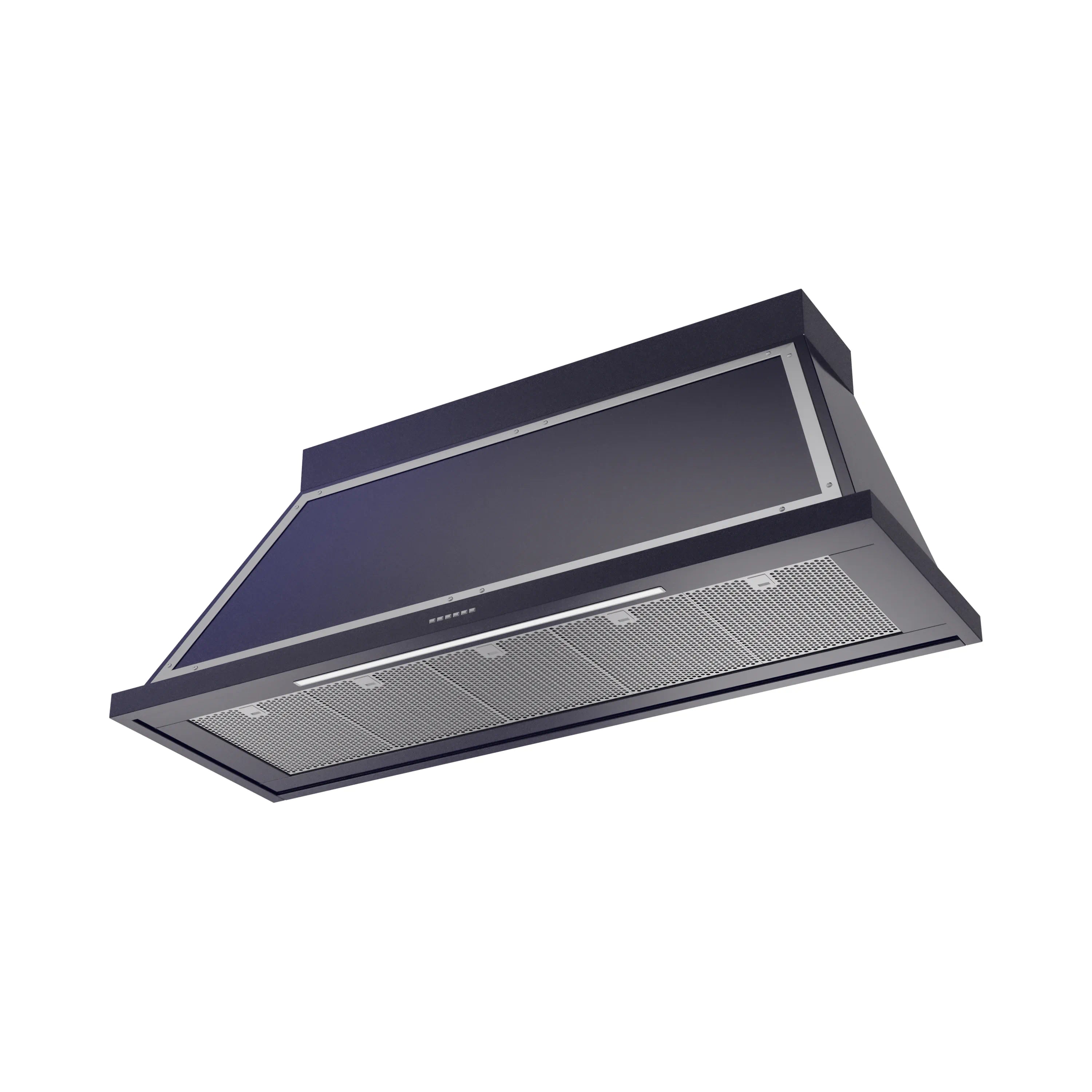 Midnight blue wall-mounted range hood with chrome edge and mesh filter panels