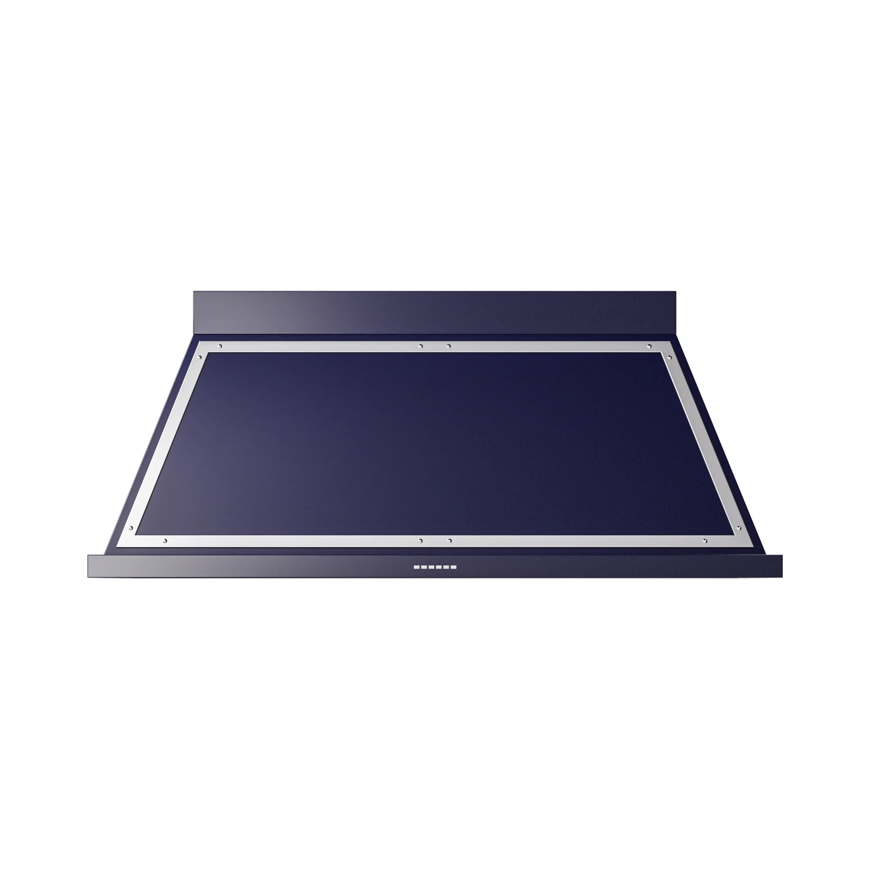 Midnight blue wall-mounted range hood with chrome trim and dark vent panel