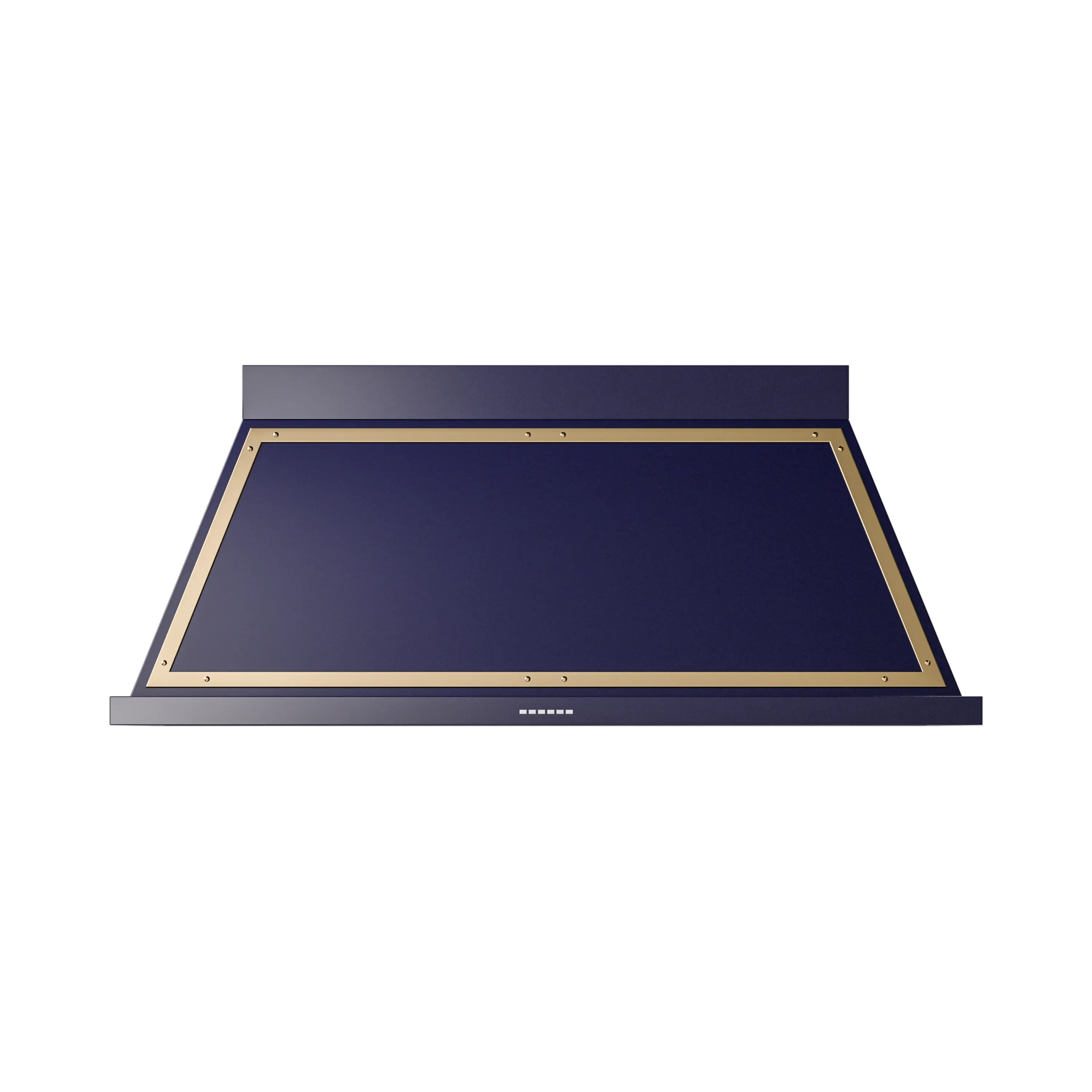 Wall mounted midnight blue range hood with brass-trimmed frame and vent opening