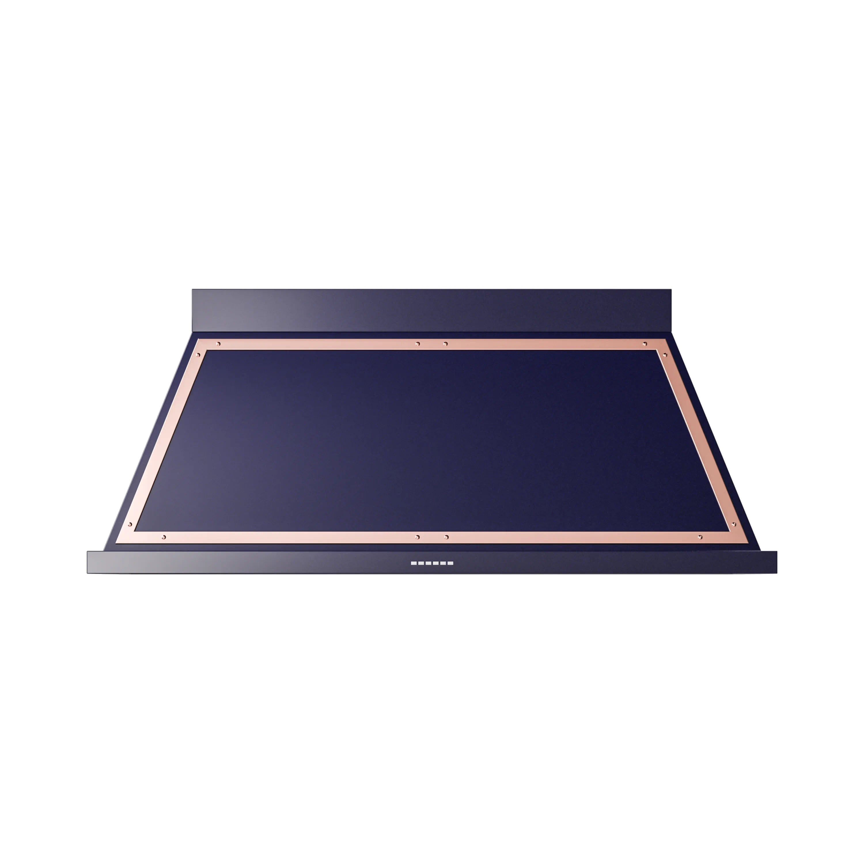 Midnight blue wall range hood with copper trim, open-front view