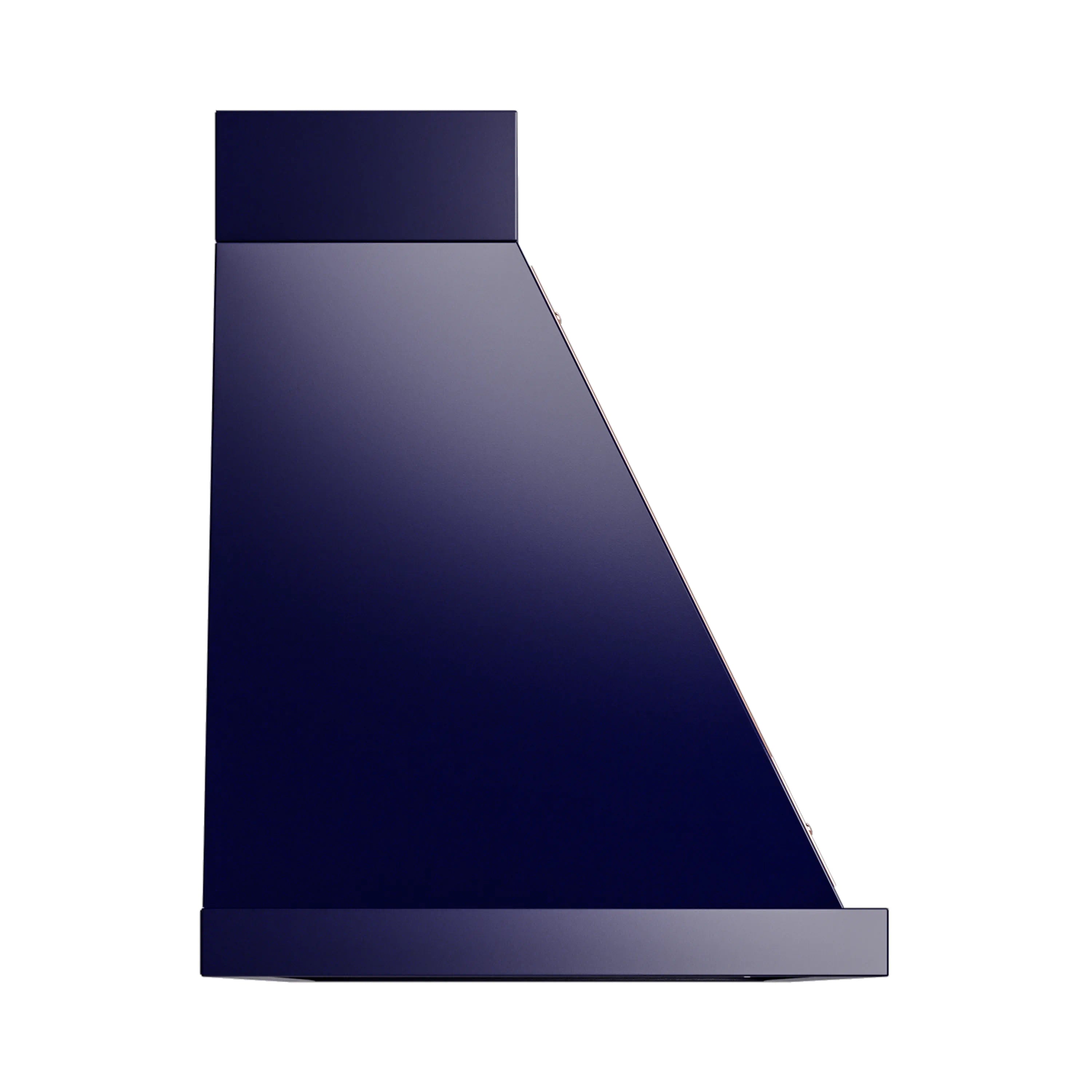 Midnight blue wall-mounted range hood side profile with copper accent trim