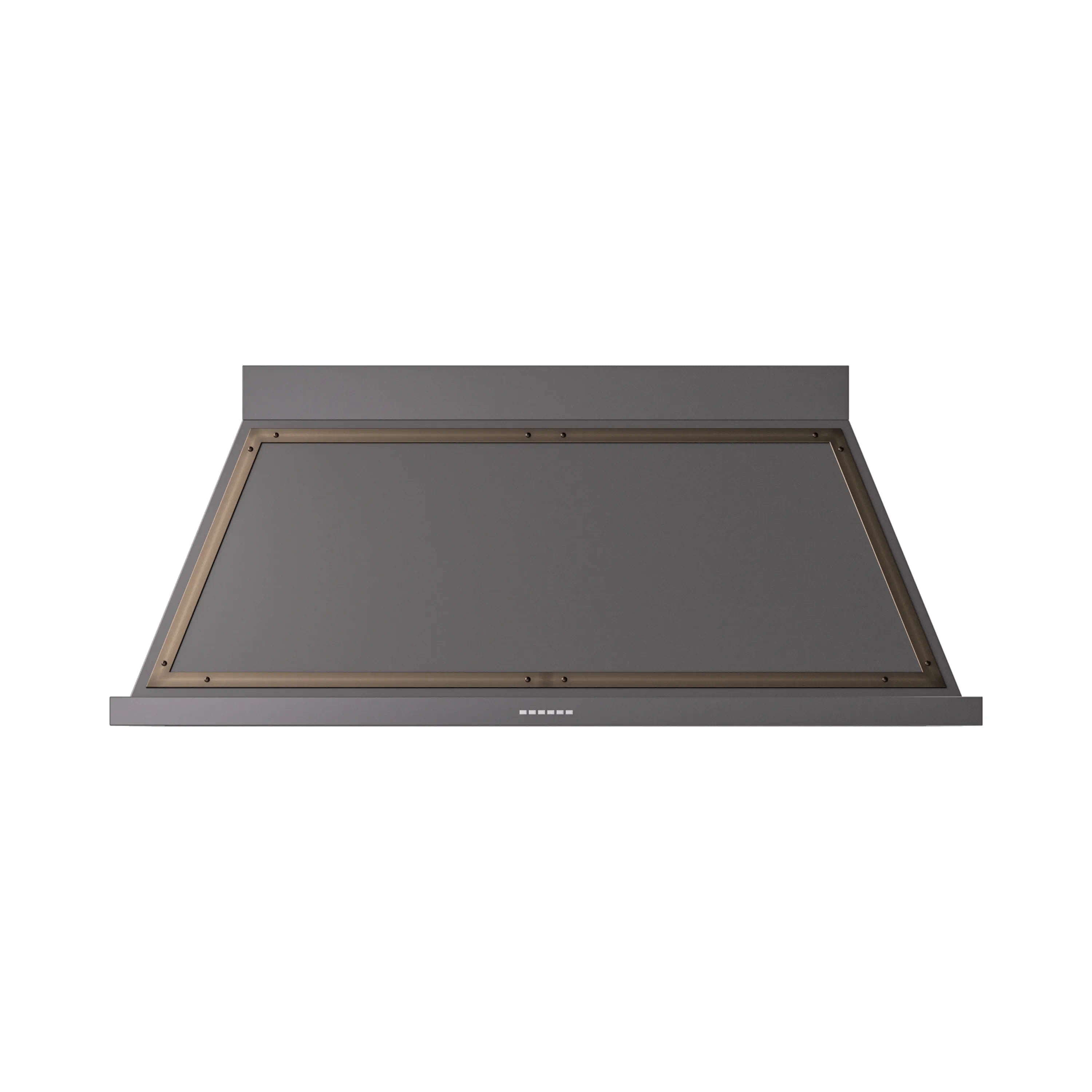 Graphite matte wall range hood with bronze trim and dark glass back panel