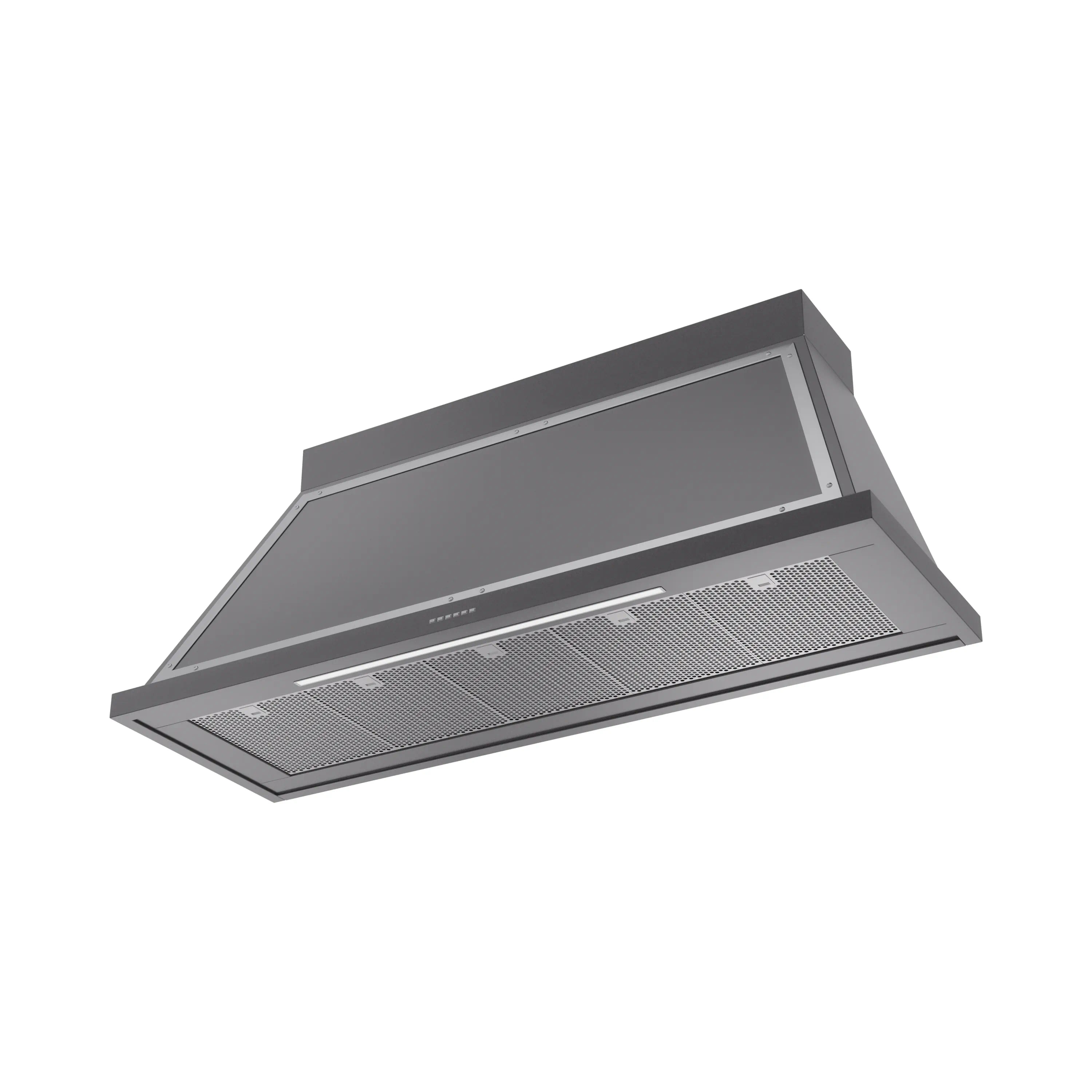 Graphite matte wall-mounted range hood with chrome trim and mesh filter panel